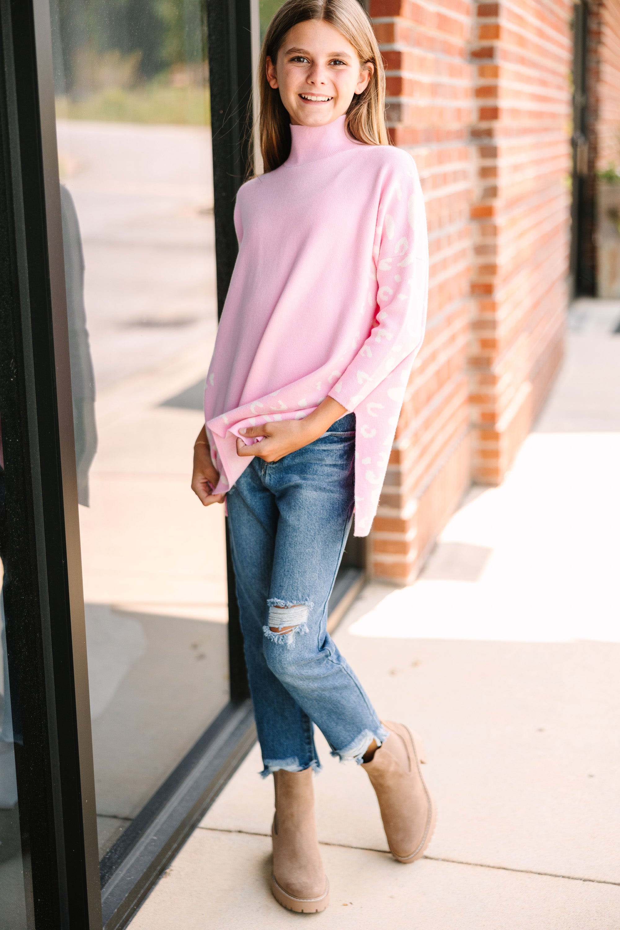 Girls' Pink Leopard 3/4 Sleeve Sweater Tunic - All-In-Theory