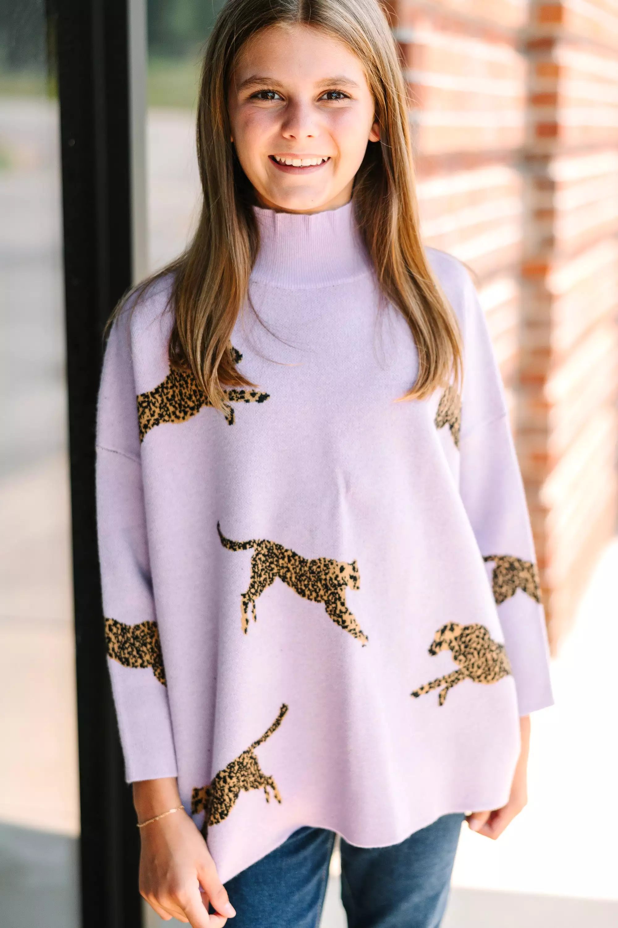 Girls Quick Decisions Lavender Cheetah 3/4 Sleeve Sweater - Best Price