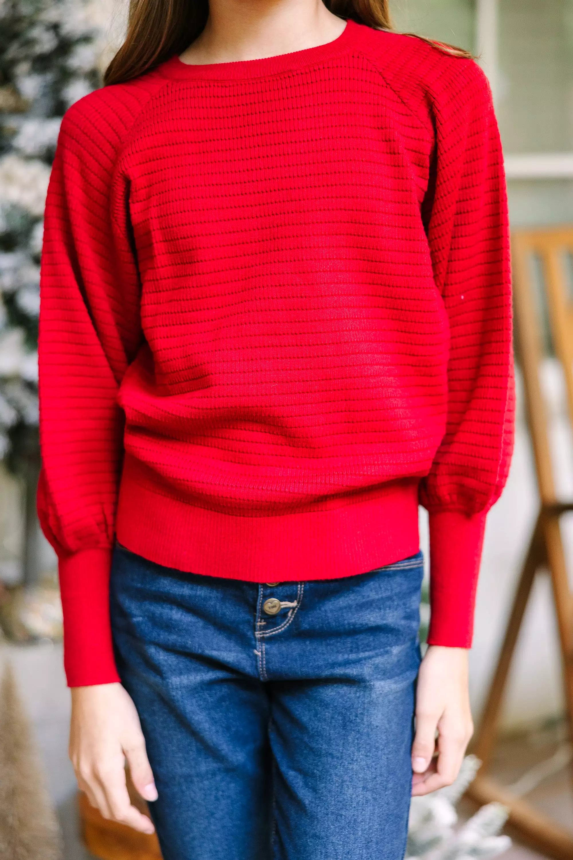 Girls Red Ribbed Sweater - In The Works