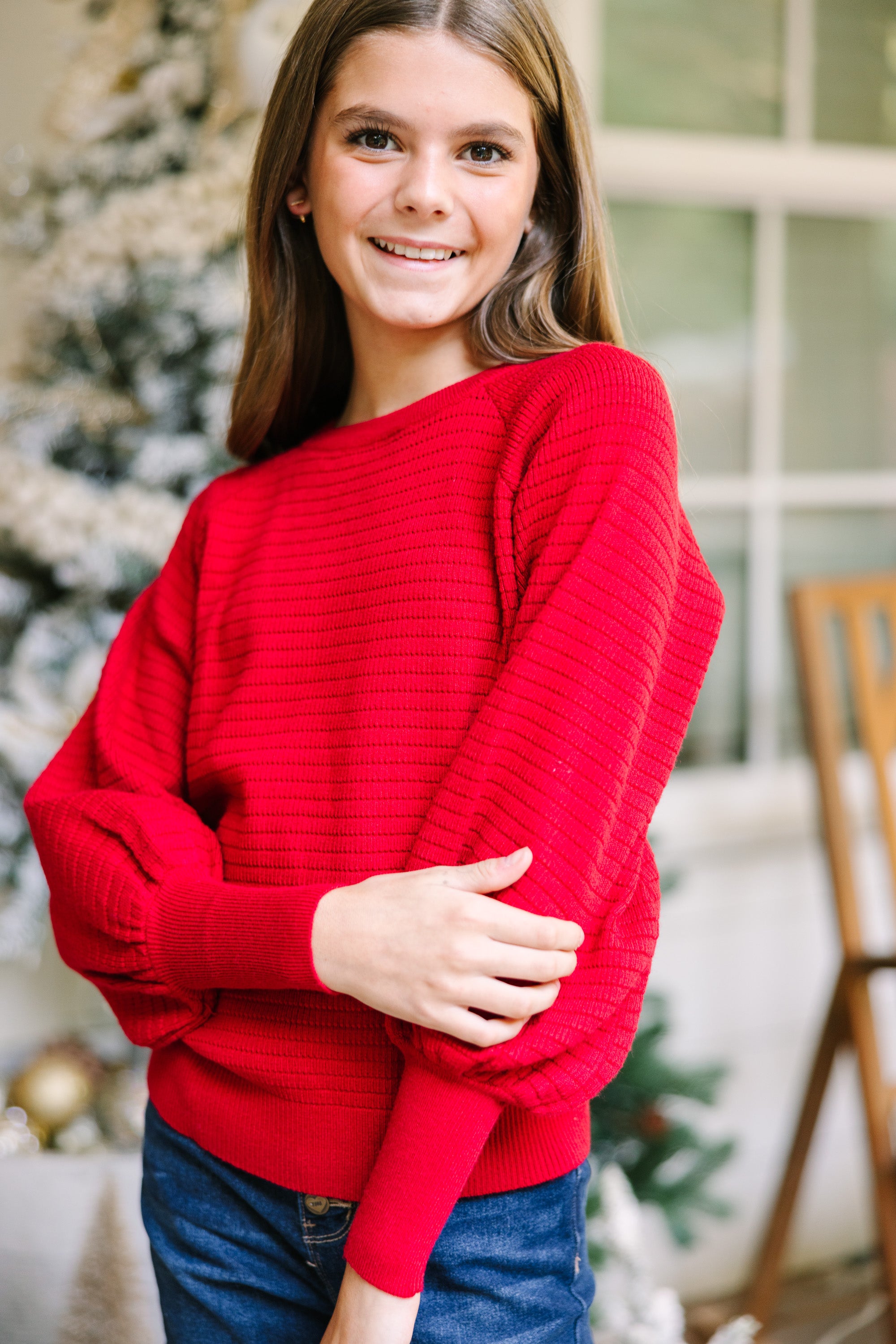 Girls Red Ribbed Sweater