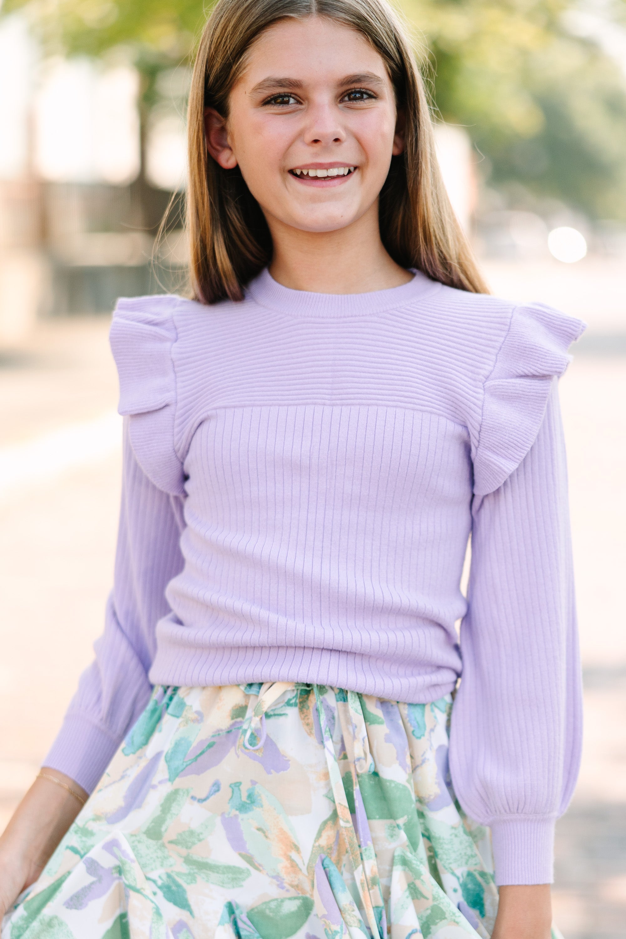 Girls Ruffled Sweater in Lavender Purple