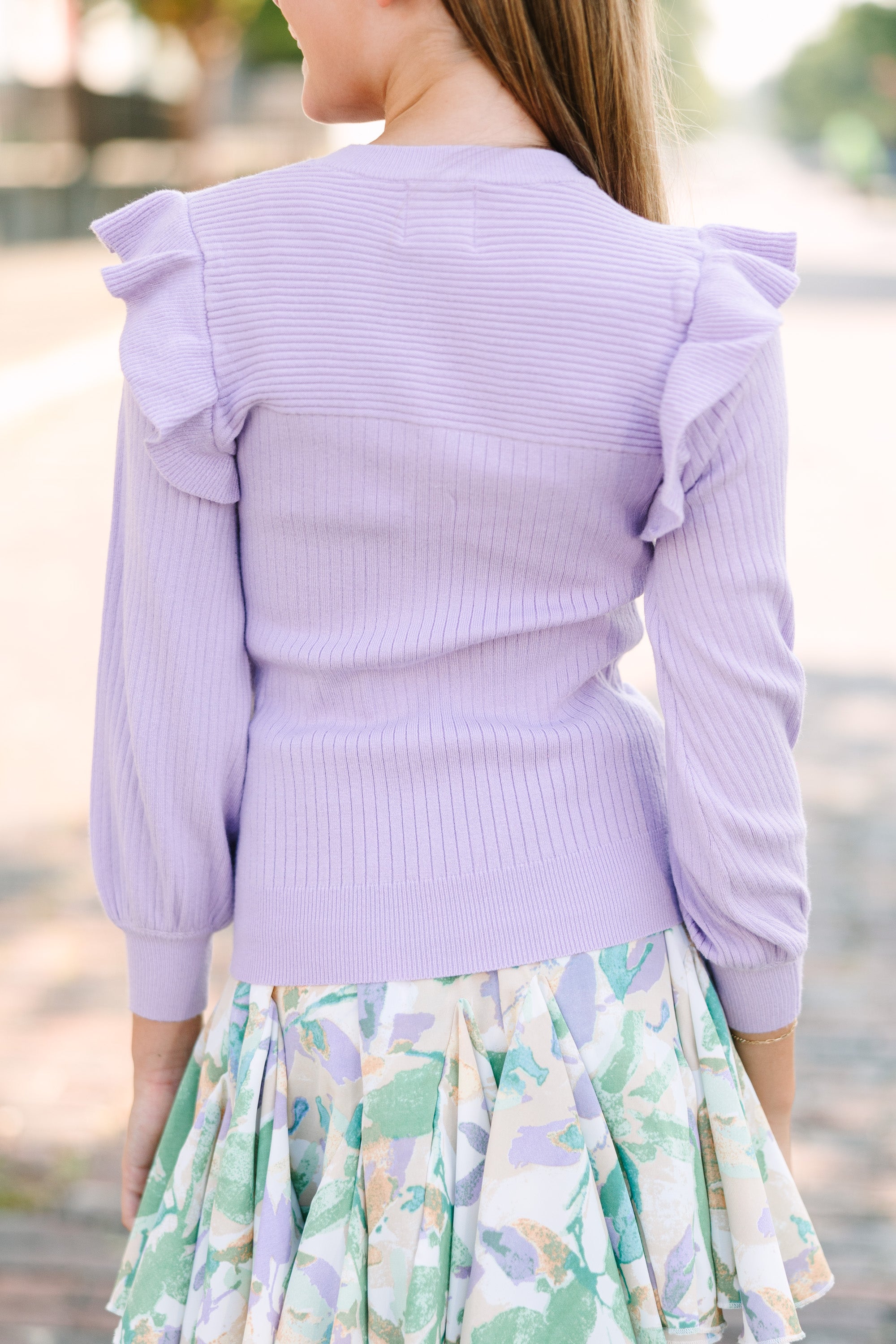 Girls Ruffled Sweater in Lavender Purple