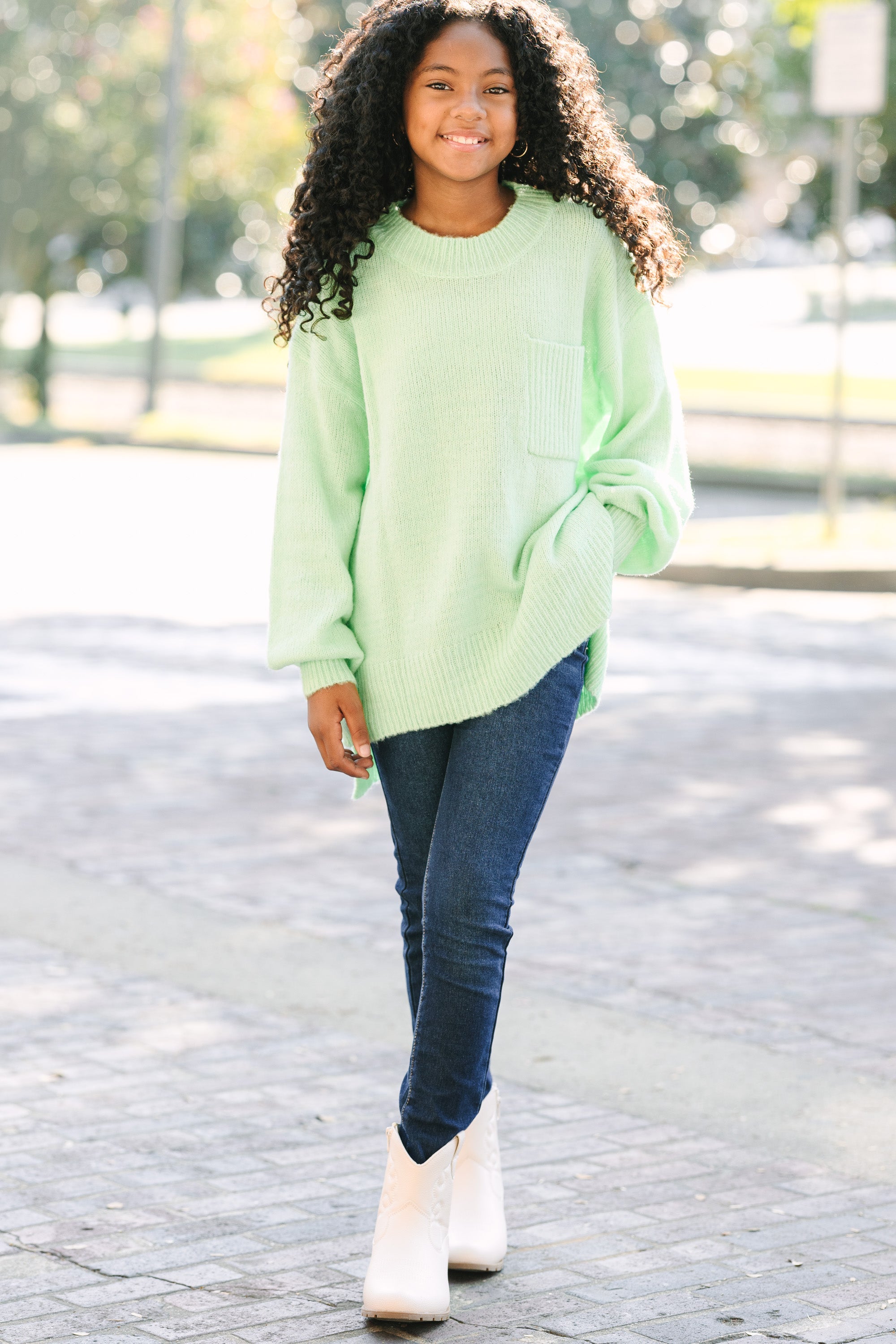 Girls Sage Green Bubble Sleeve Sweater: Shop Now