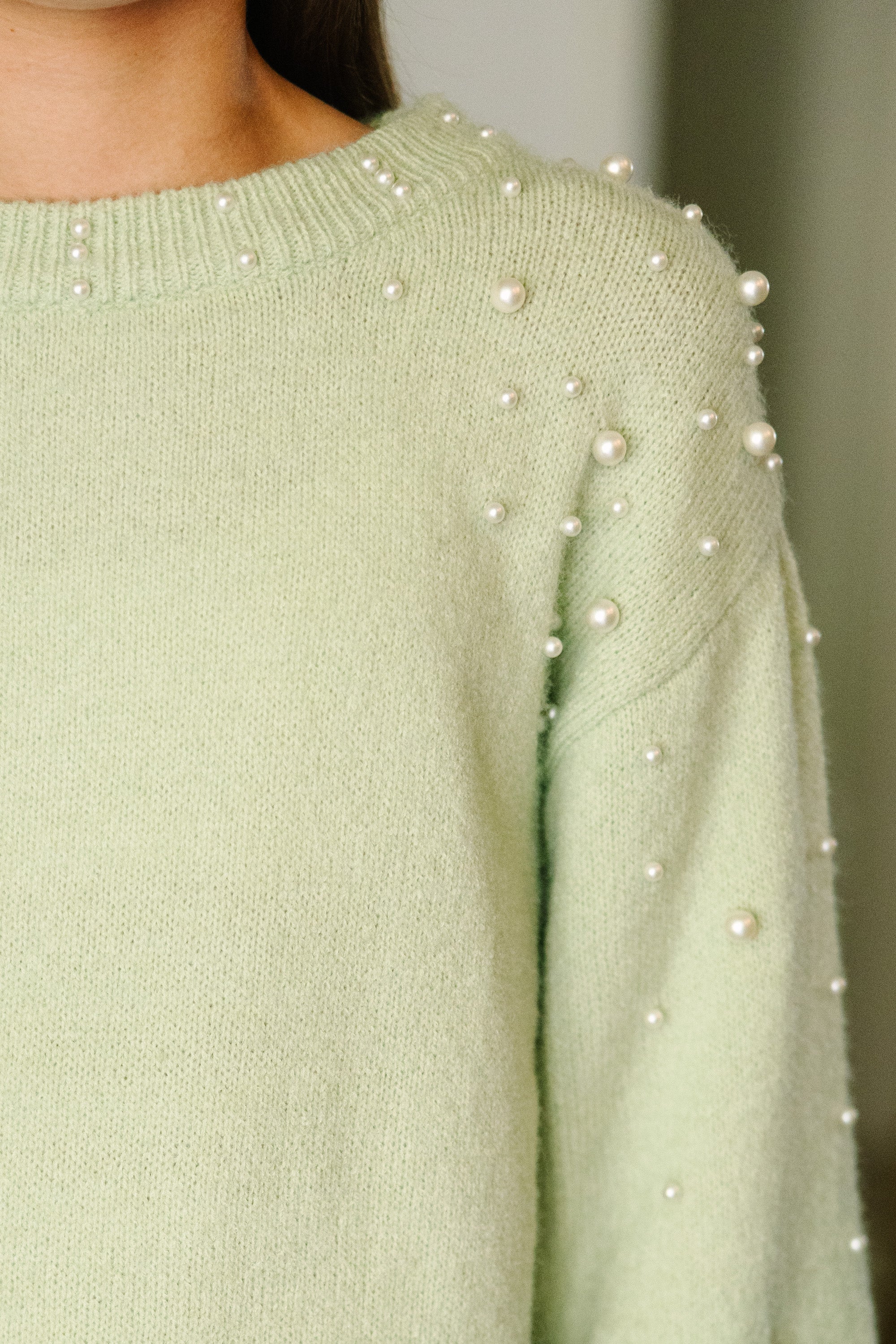 Girls Sage Green Pearl Studded Sweater - Irresistible Clothes