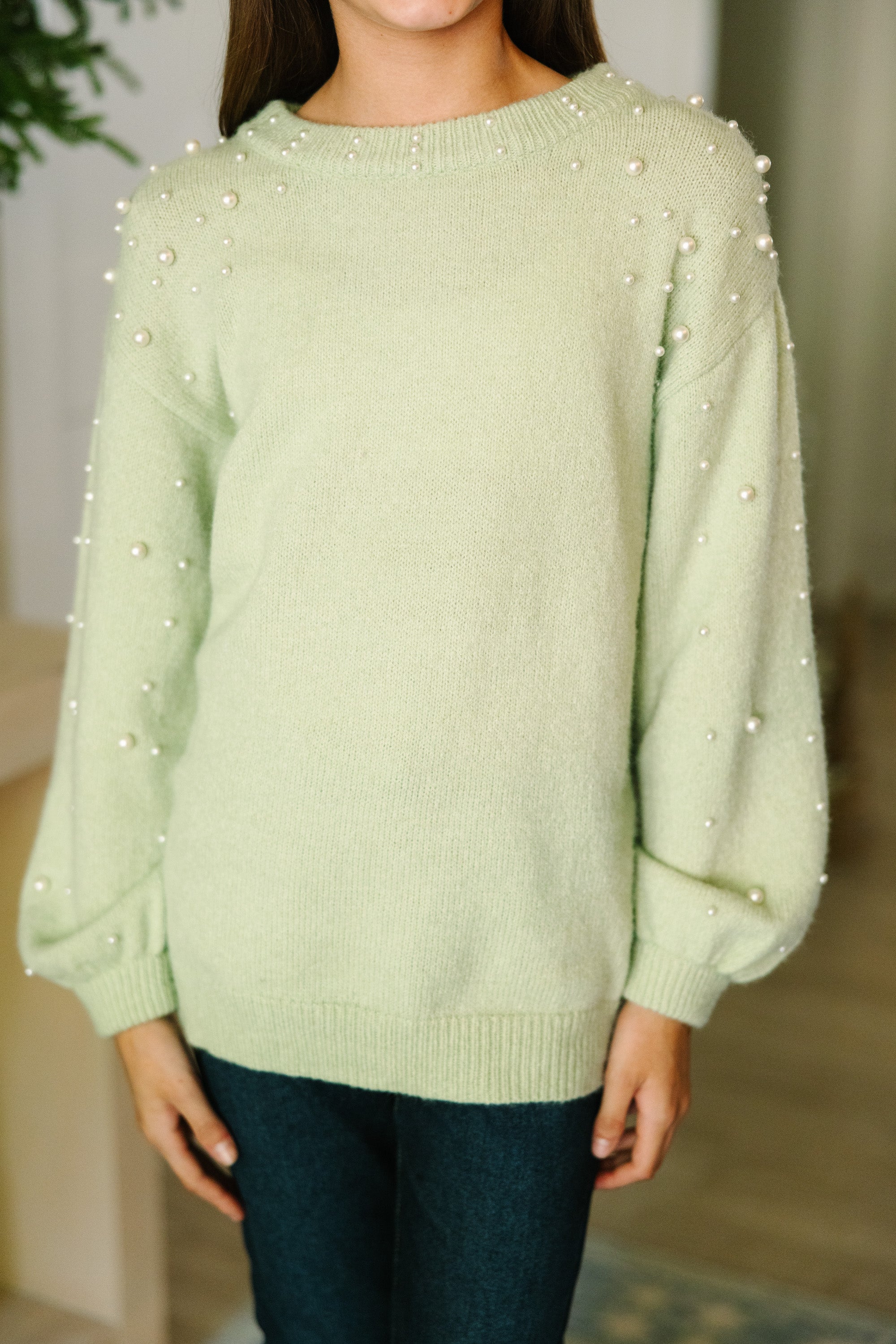 Girls Sage Green Pearl Studded Sweater - Irresistible Clothes