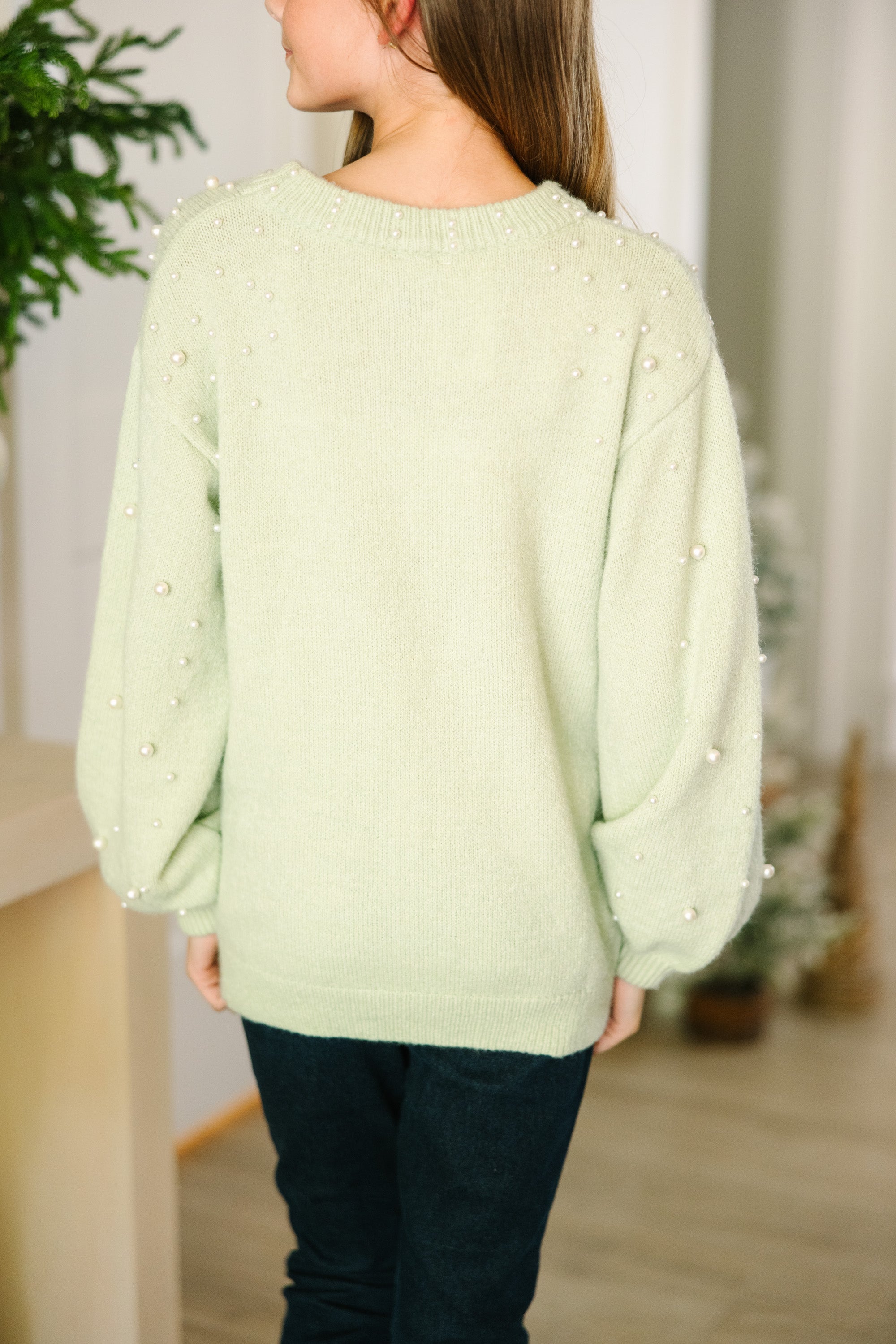 Girls Sage Green Pearl Studded Sweater - Irresistible Clothes