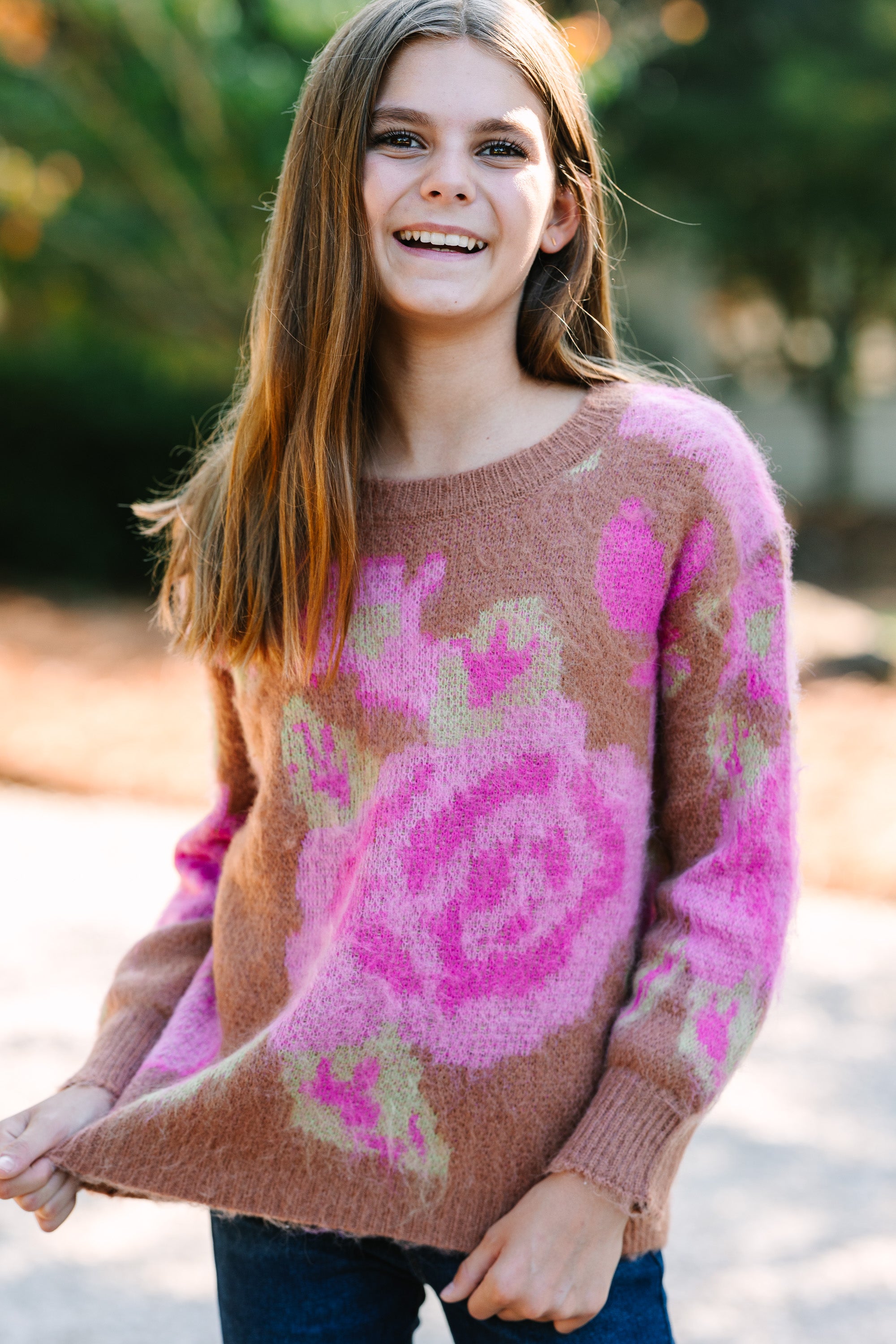 Girls Sweater: Talk That Talk Camel Brown Floral