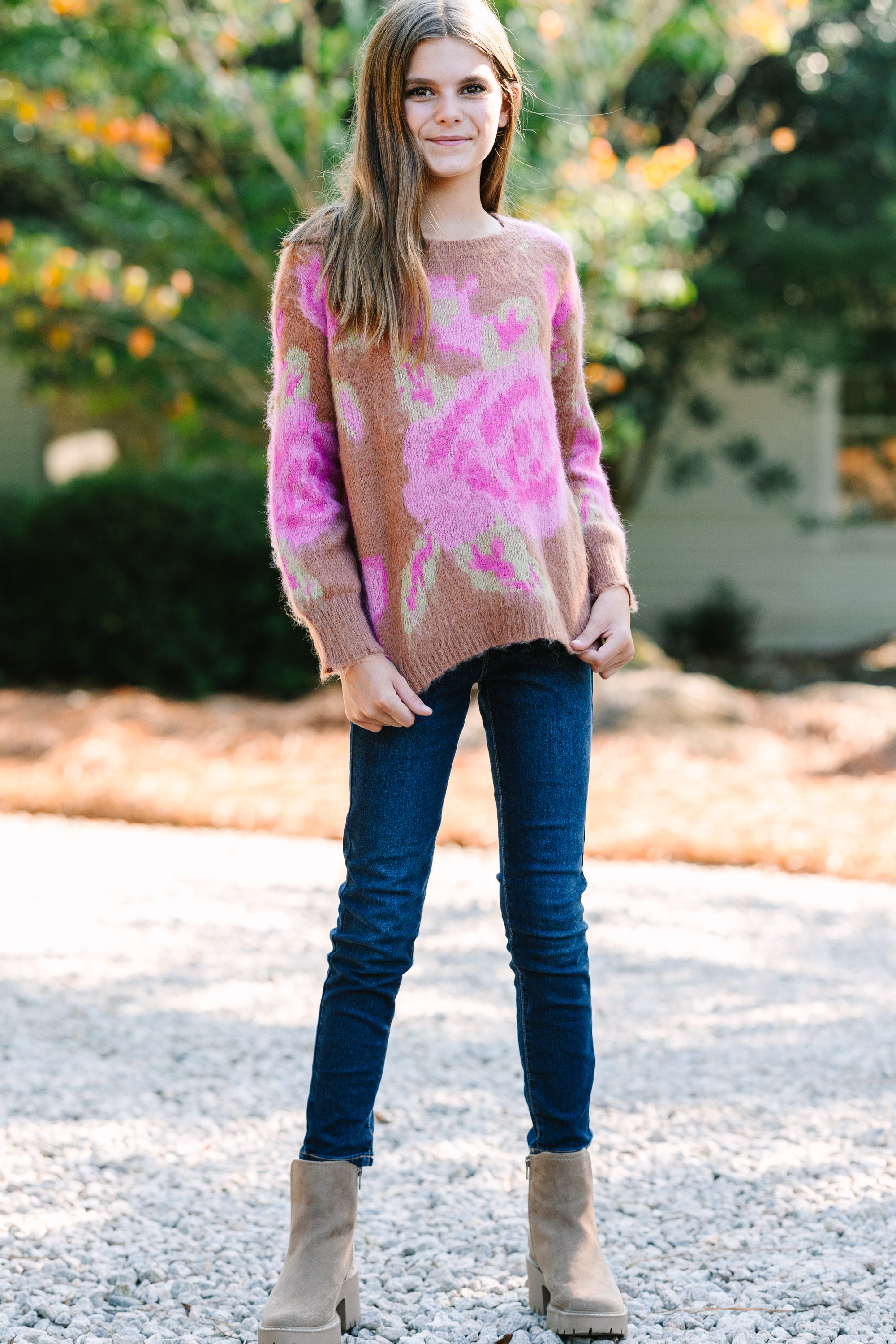 Girls Sweater: Talk That Talk Camel Brown Floral