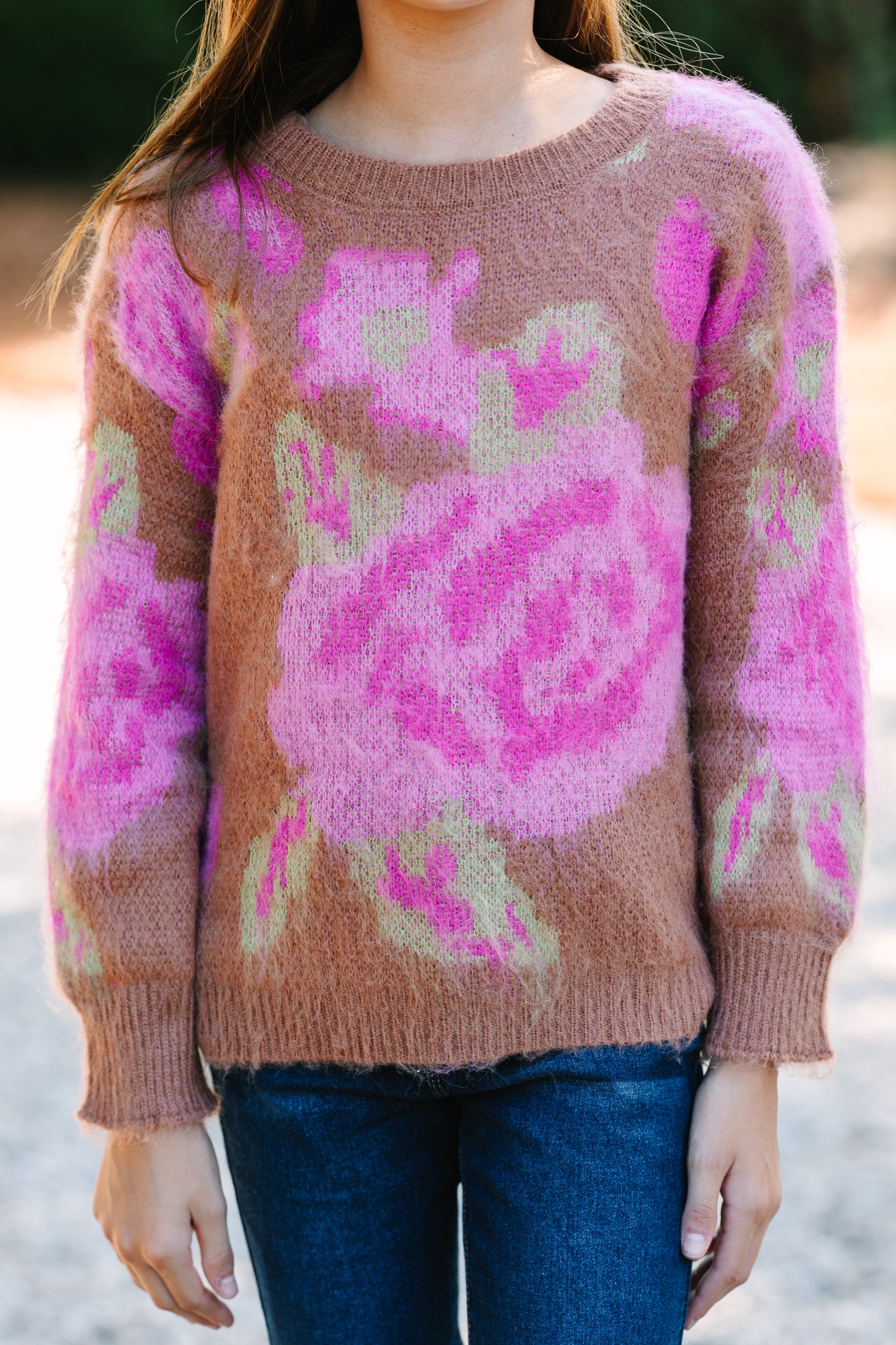 Girls Sweater: Talk That Talk Camel Brown Floral