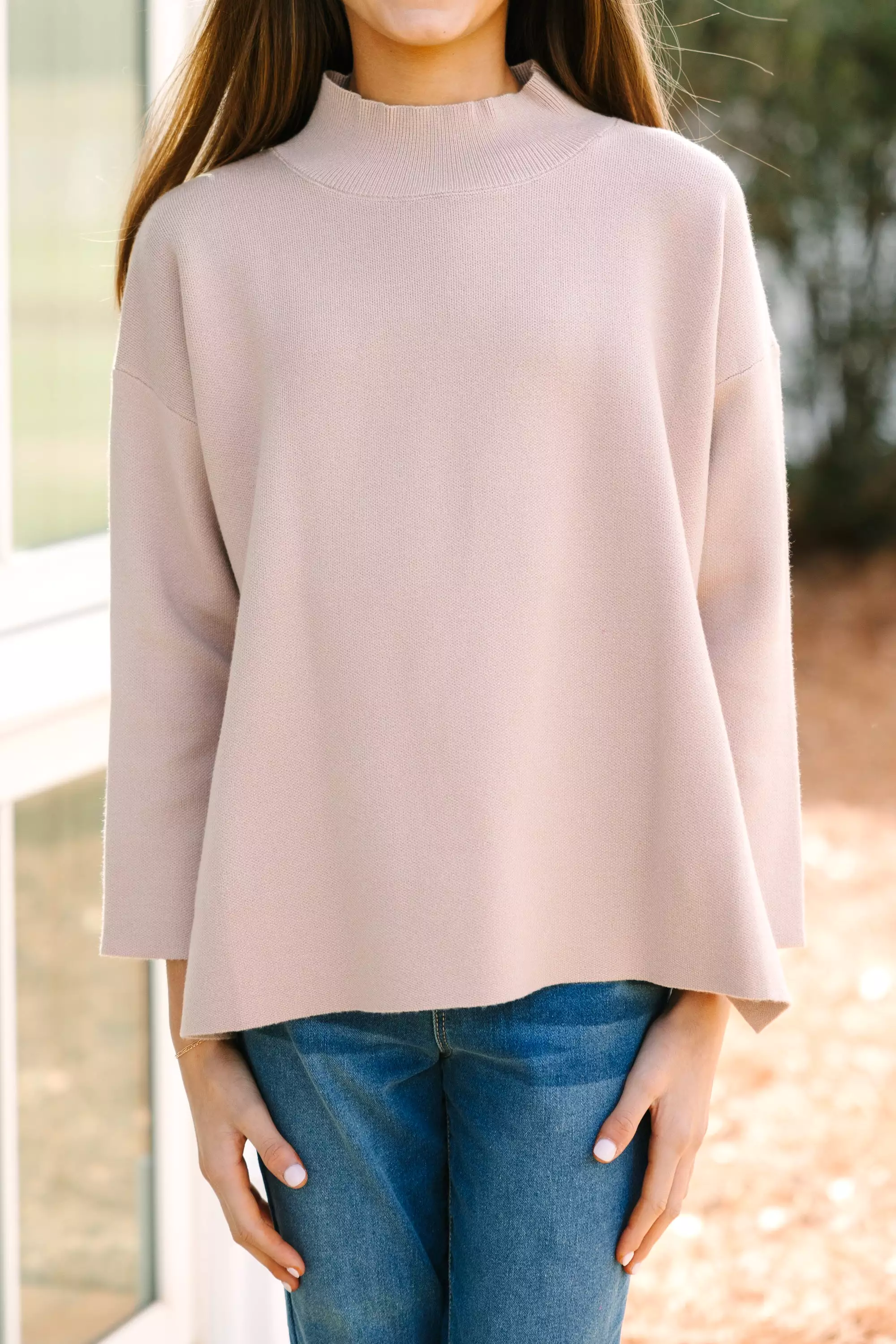 Girls Taupe Brown Mock Neck Sweater for Going With You