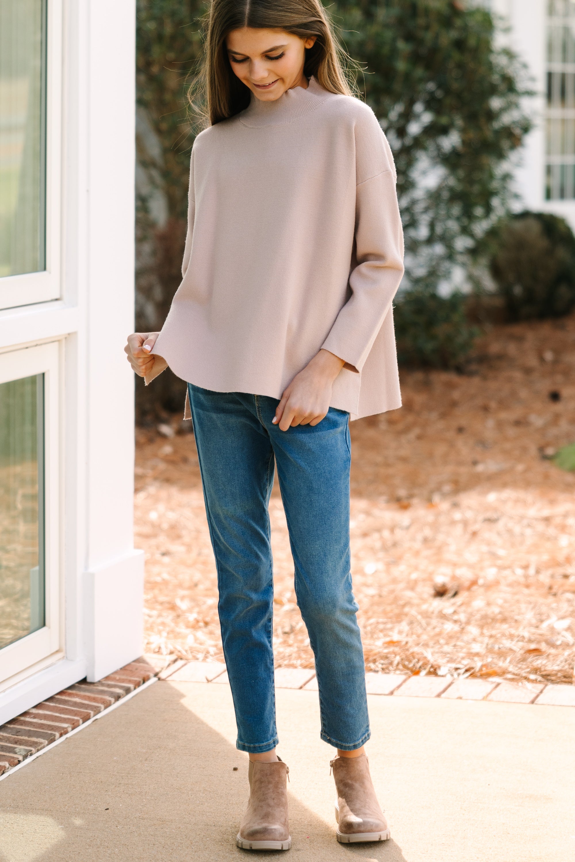 Girls Taupe Brown Mock Neck Sweater