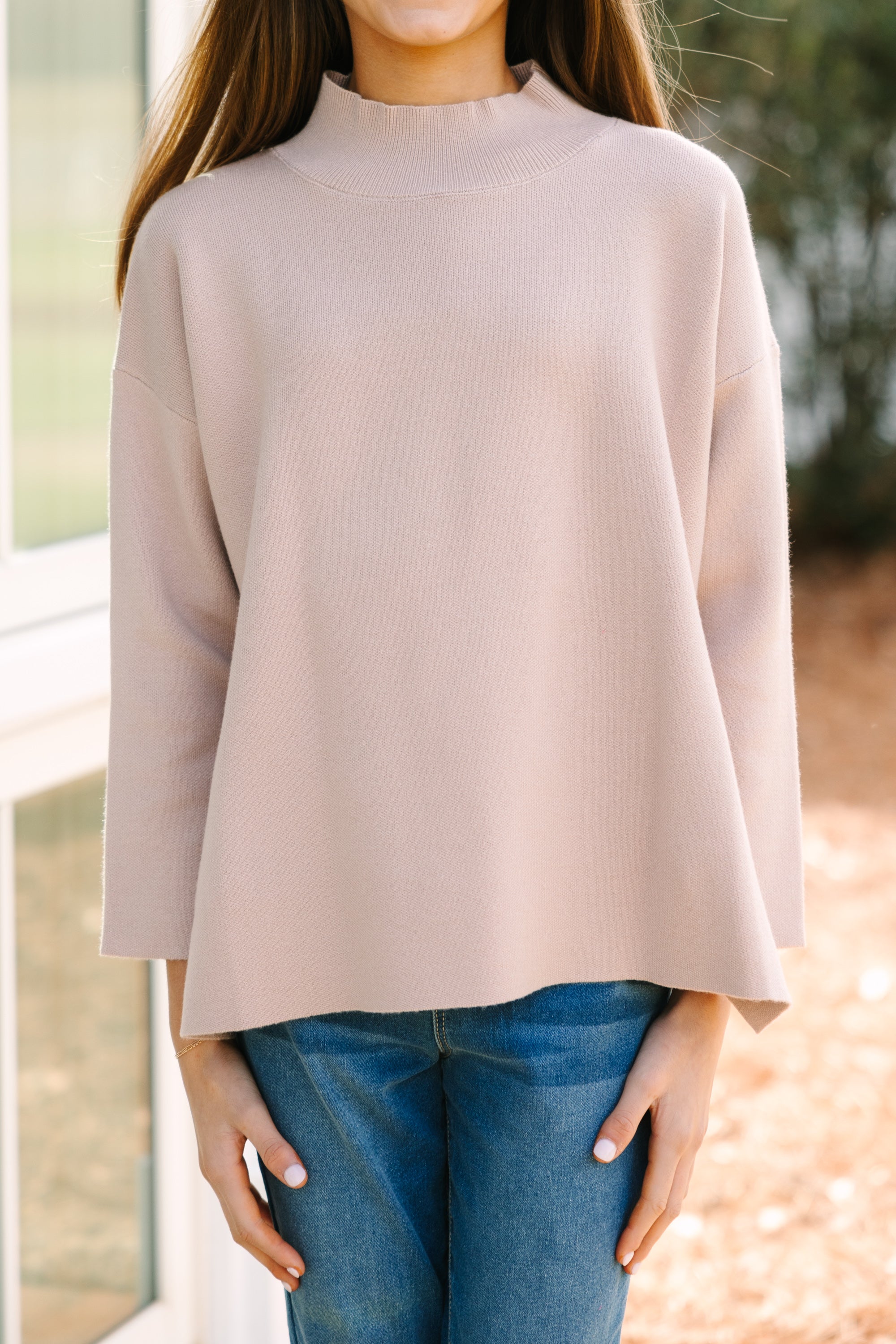 Girls Taupe Brown Mock Neck Sweater