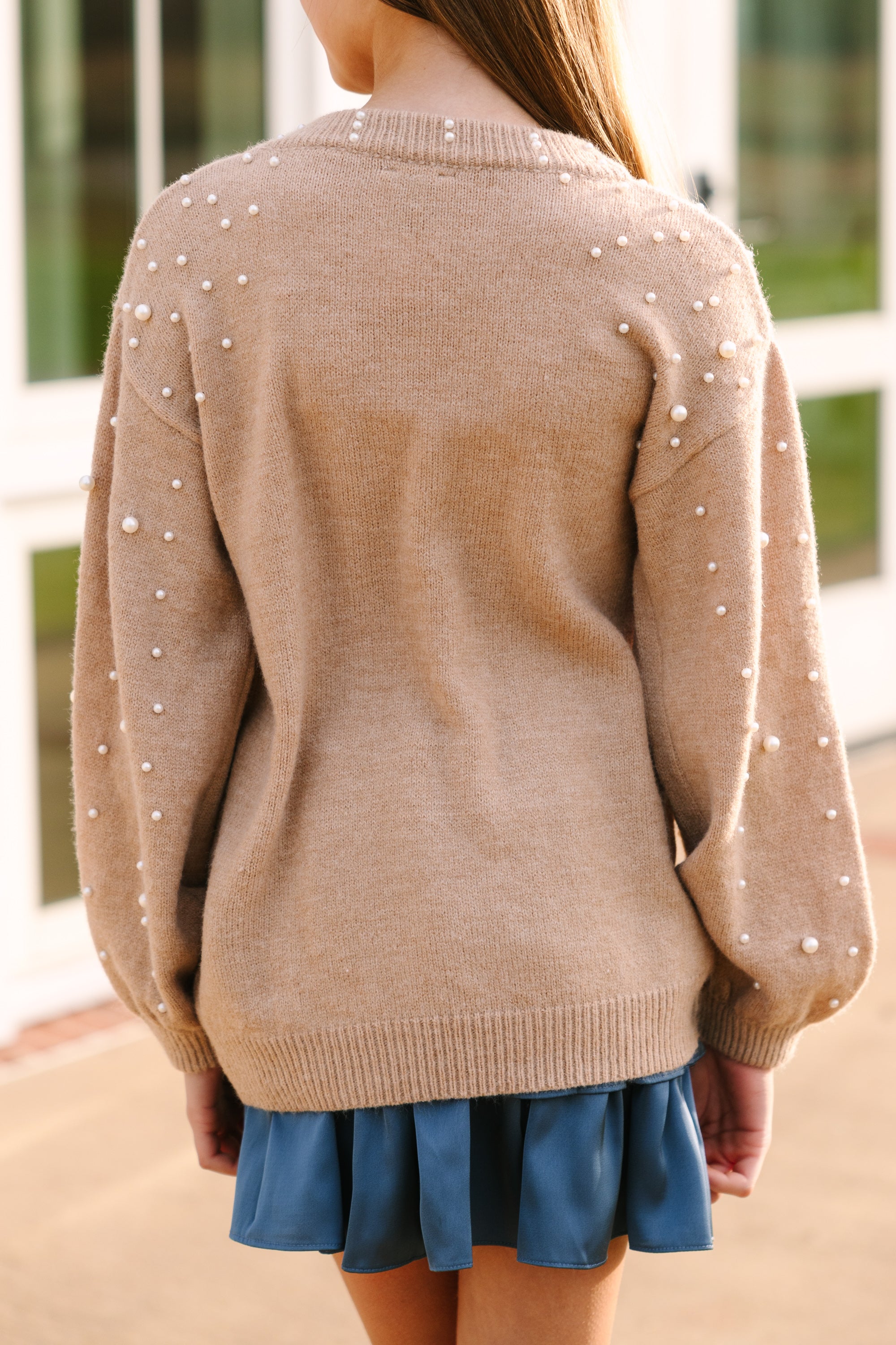 Girls Taupe Pearl Studded Sweater