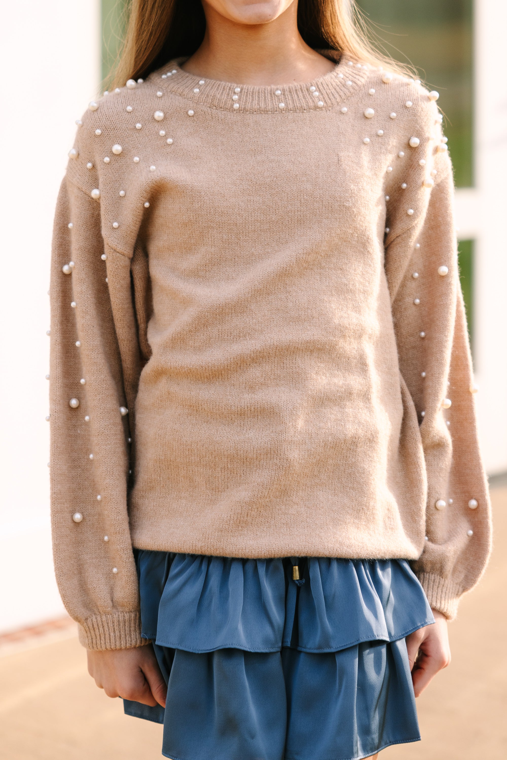 Girls Taupe Pearl Studded Sweater