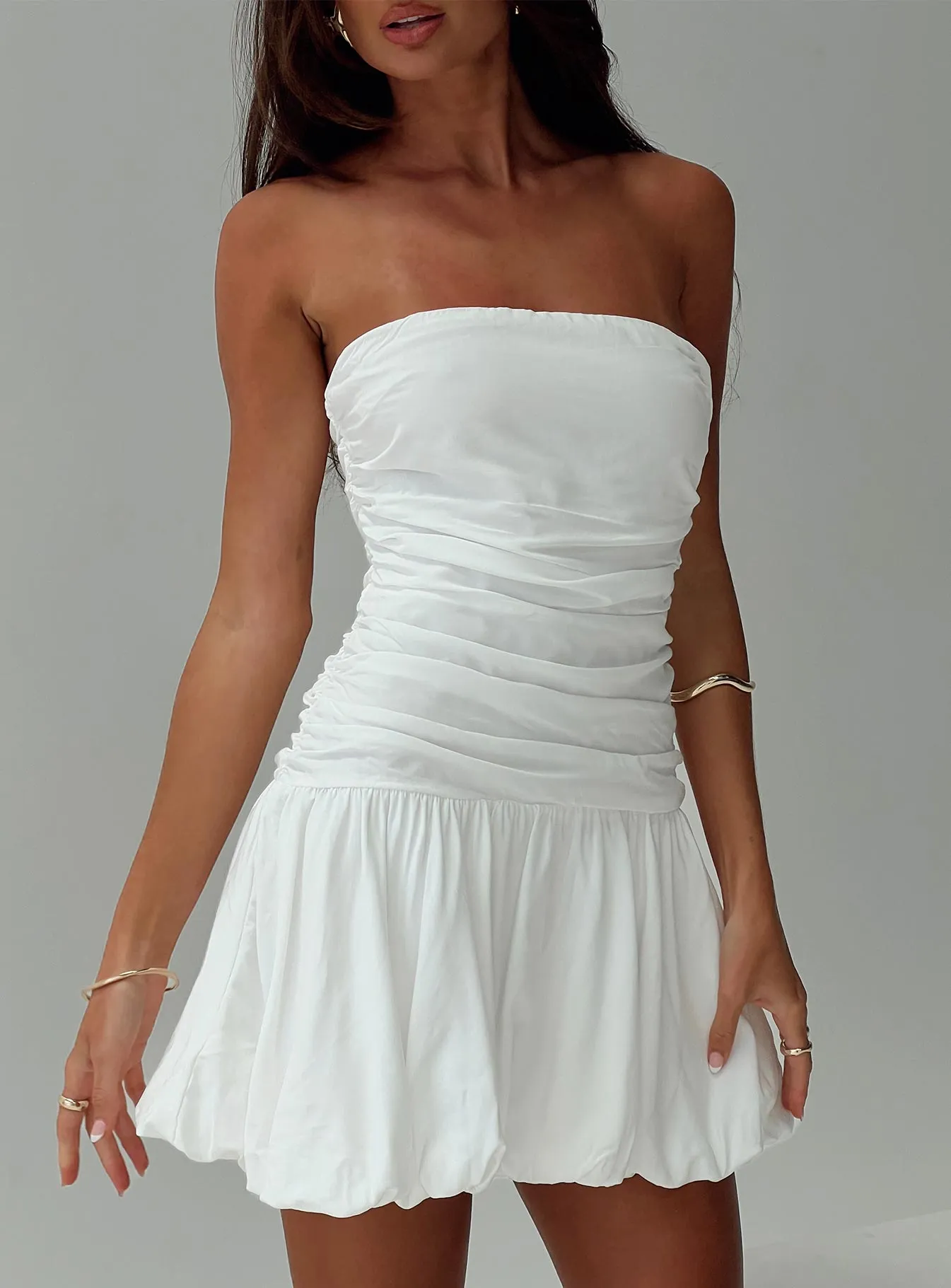 Glamour Girl Strapless Bubble Hem Mini Dress in White