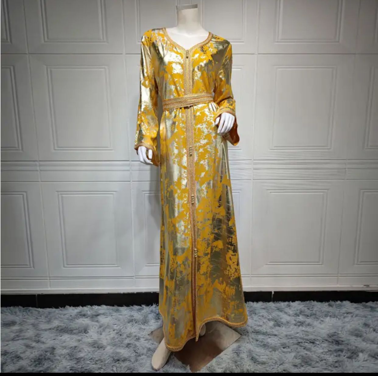 Gold Chiffon Abaya Women Dress - S4538201