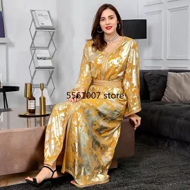 Gold Chiffon Abaya Women Dress - S4538201