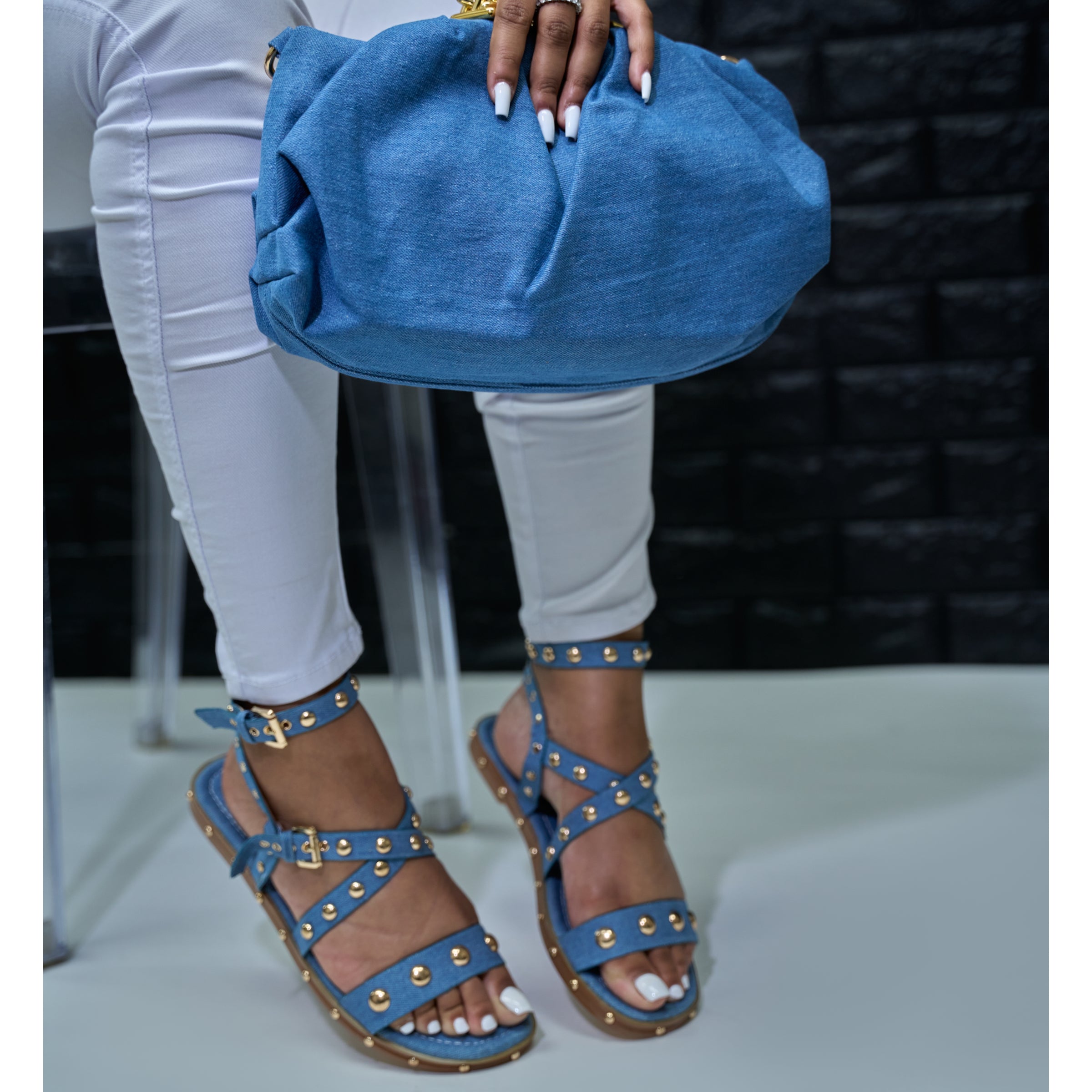 Gold studded jeans sandal