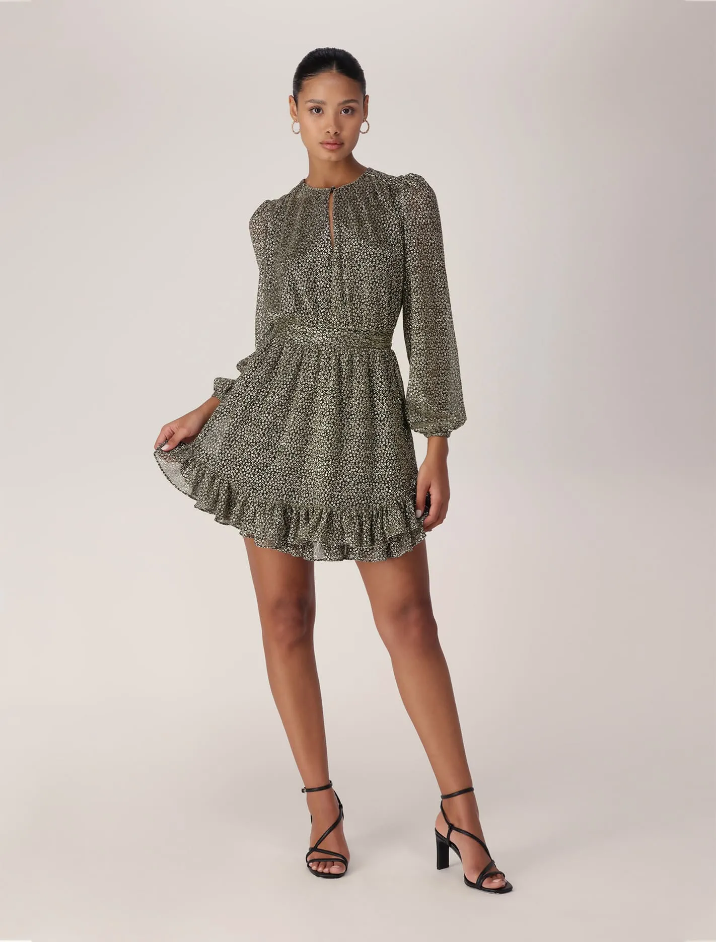 Gold Long Sleeve Pleated Mini Dress