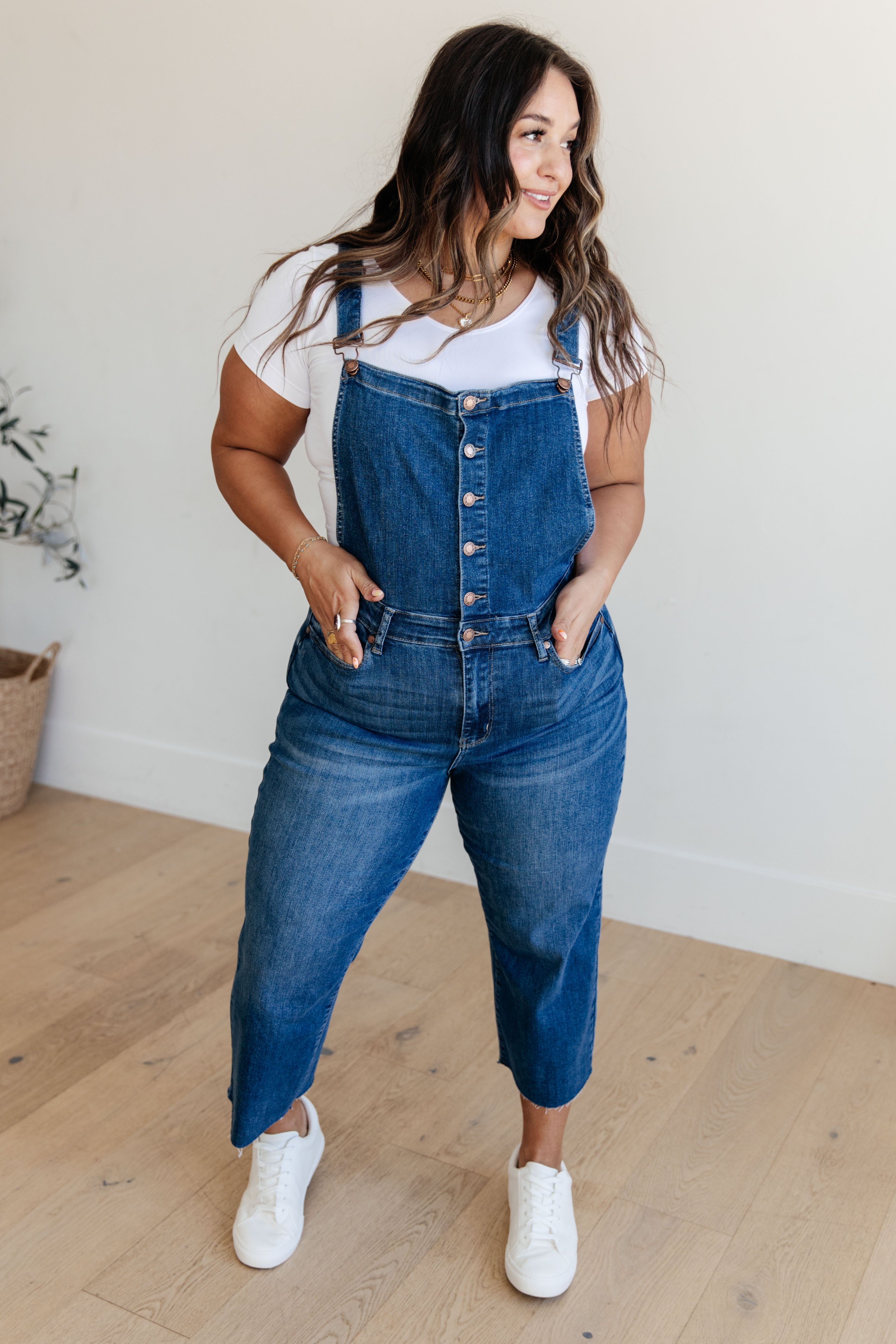 Google search result: Priscilla denim overall pants with wide leg crop style