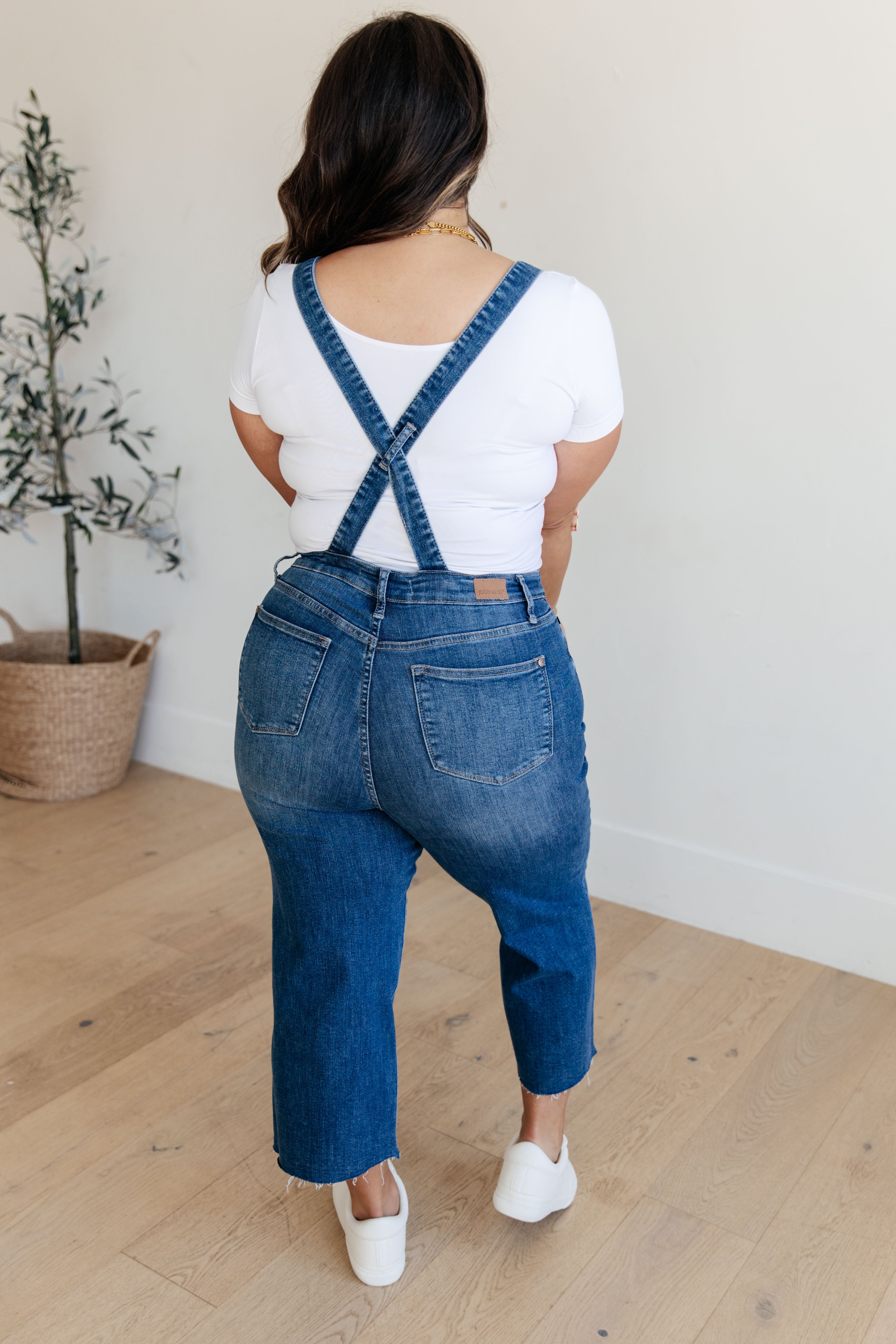 Google search result: Priscilla denim overall pants with wide leg crop style