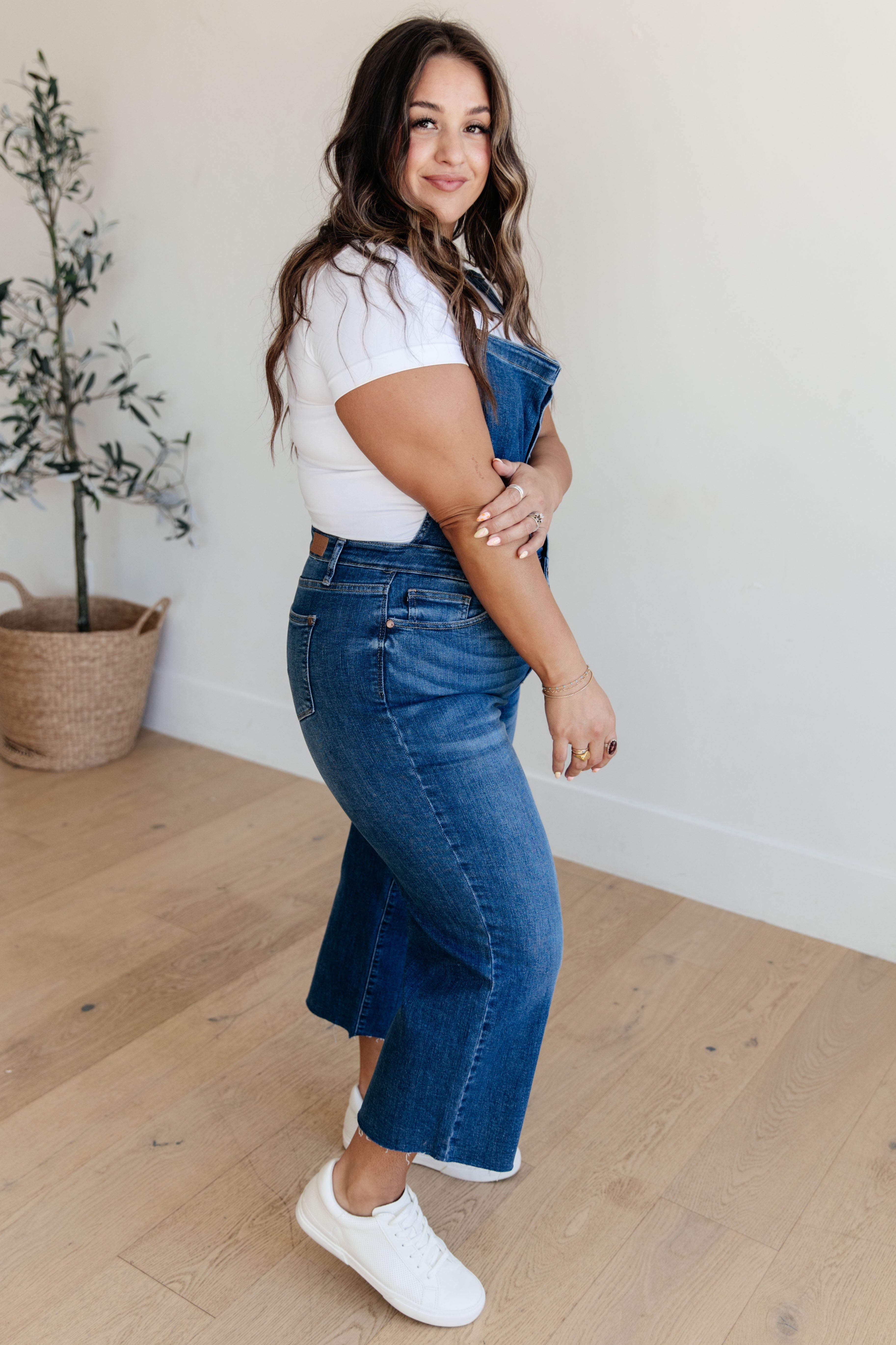 Google search result: Priscilla denim overall pants with wide leg crop style