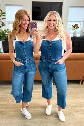 Google search result: Priscilla denim overall pants with wide leg crop style