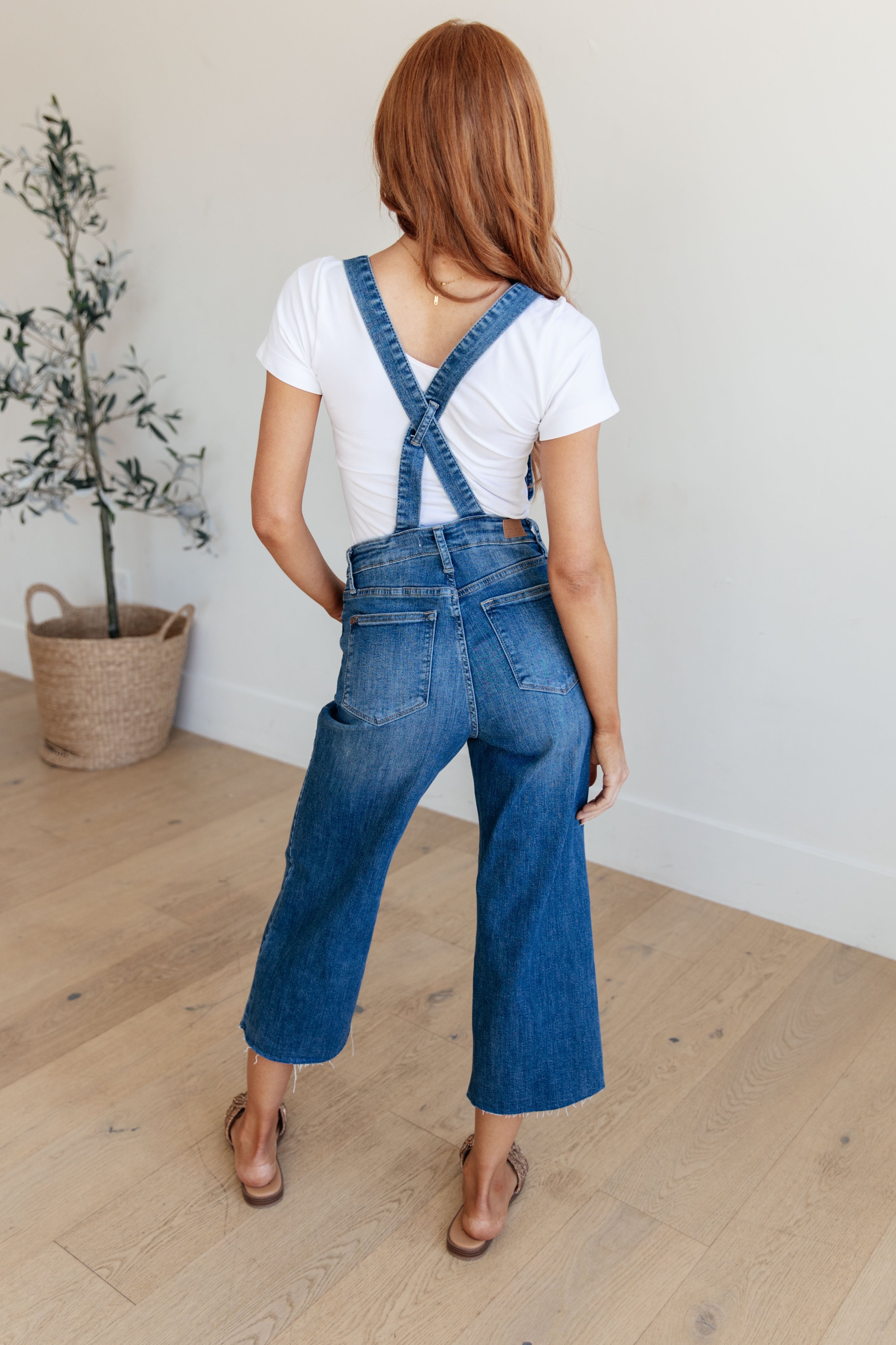 Google search result: Priscilla denim overall pants with wide leg crop style