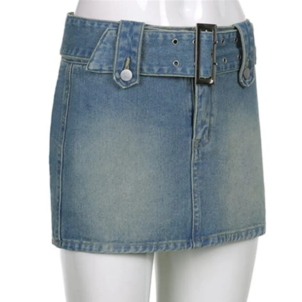 Goth Y2K Low Waist Denim Micro Mini Skirt With Belt