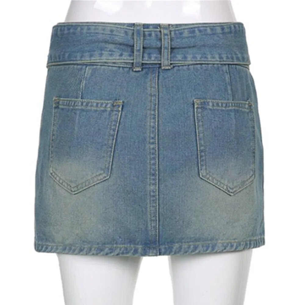 Goth Y2K Low Waist Denim Micro Mini Skirt With Belt