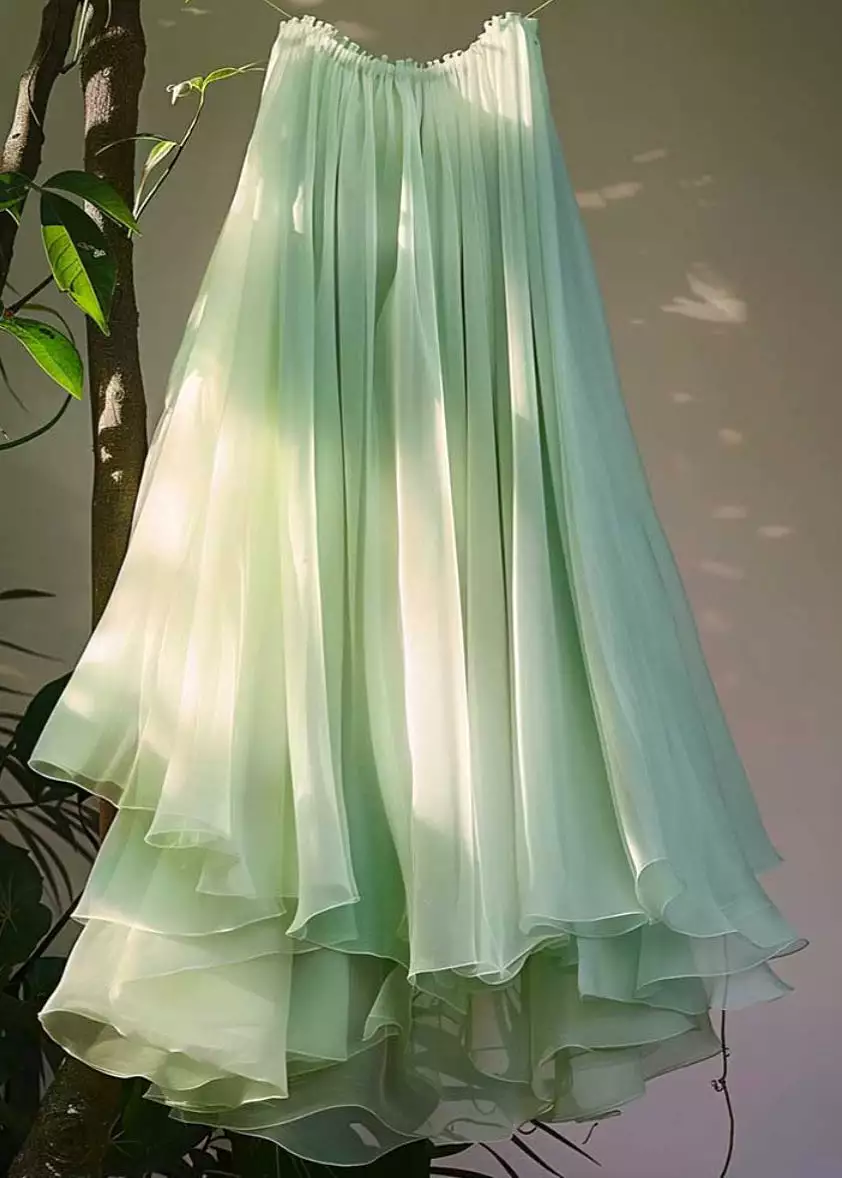 Green Chiffon Pleated Skirt with Elastic Waist - Summer Fashion AB1011