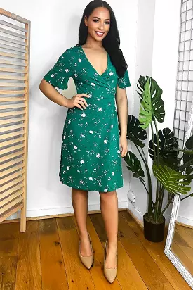 Green Floral Print Wrap Dress for Women