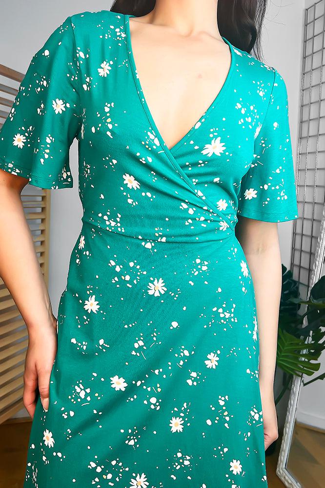 Green Floral Print Wrap Dress for Women