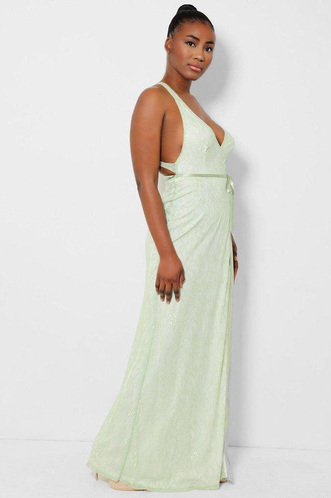 Green lace maxi dress with delicate overlay and wrap front.