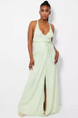 Green lace maxi dress with delicate overlay and wrap front.