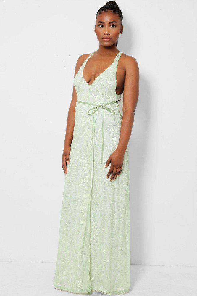 Green lace maxi dress with delicate overlay and wrap front.