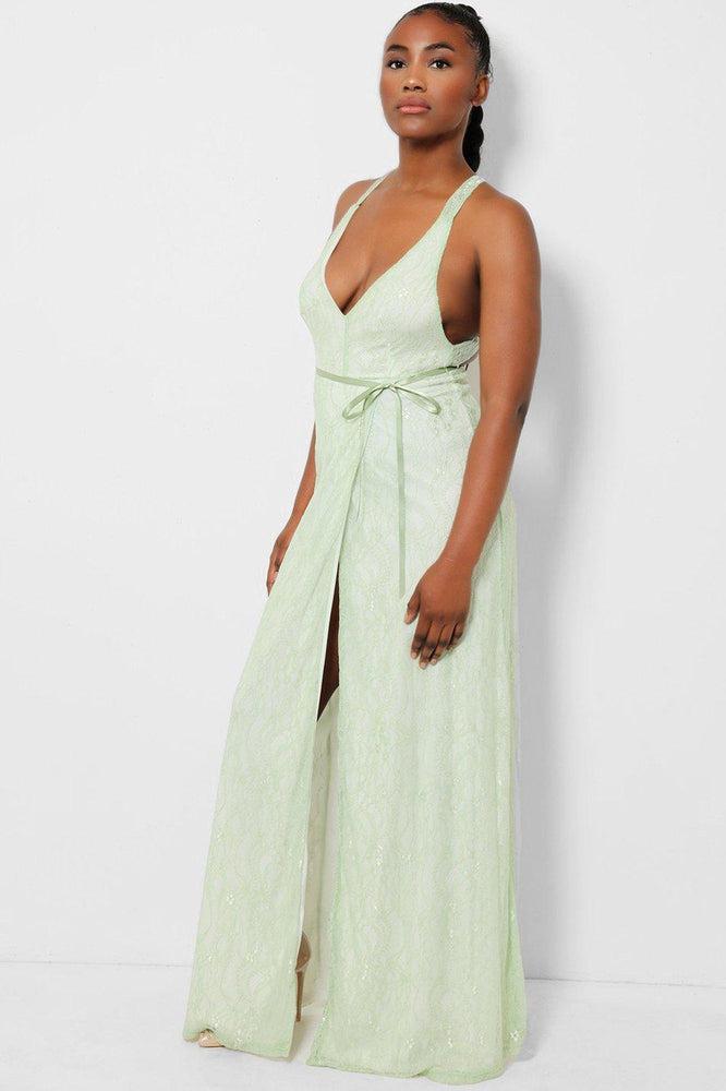 Green lace maxi dress with delicate overlay and wrap front.