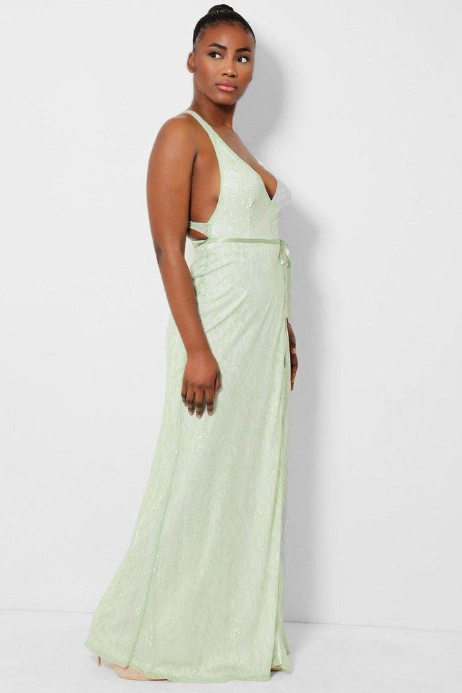 Green lace maxi dress with delicate overlay and wrap front.