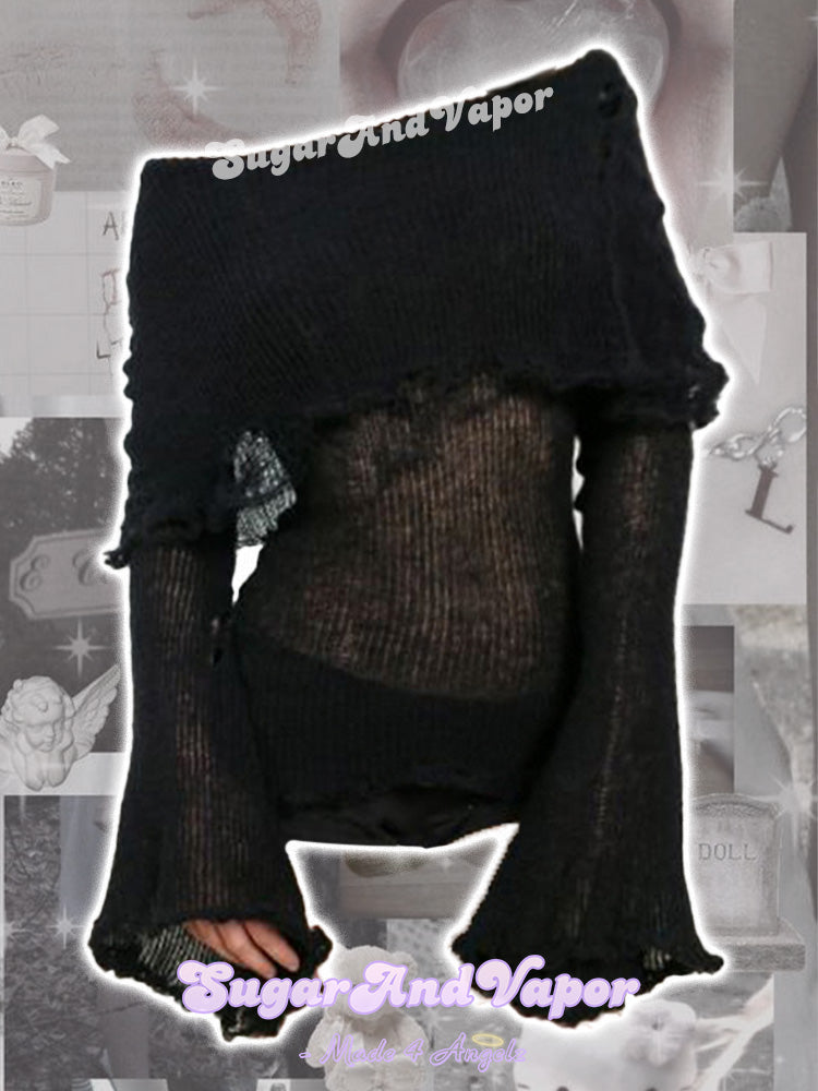 Grunge dark ripped off-shoulder sweater.