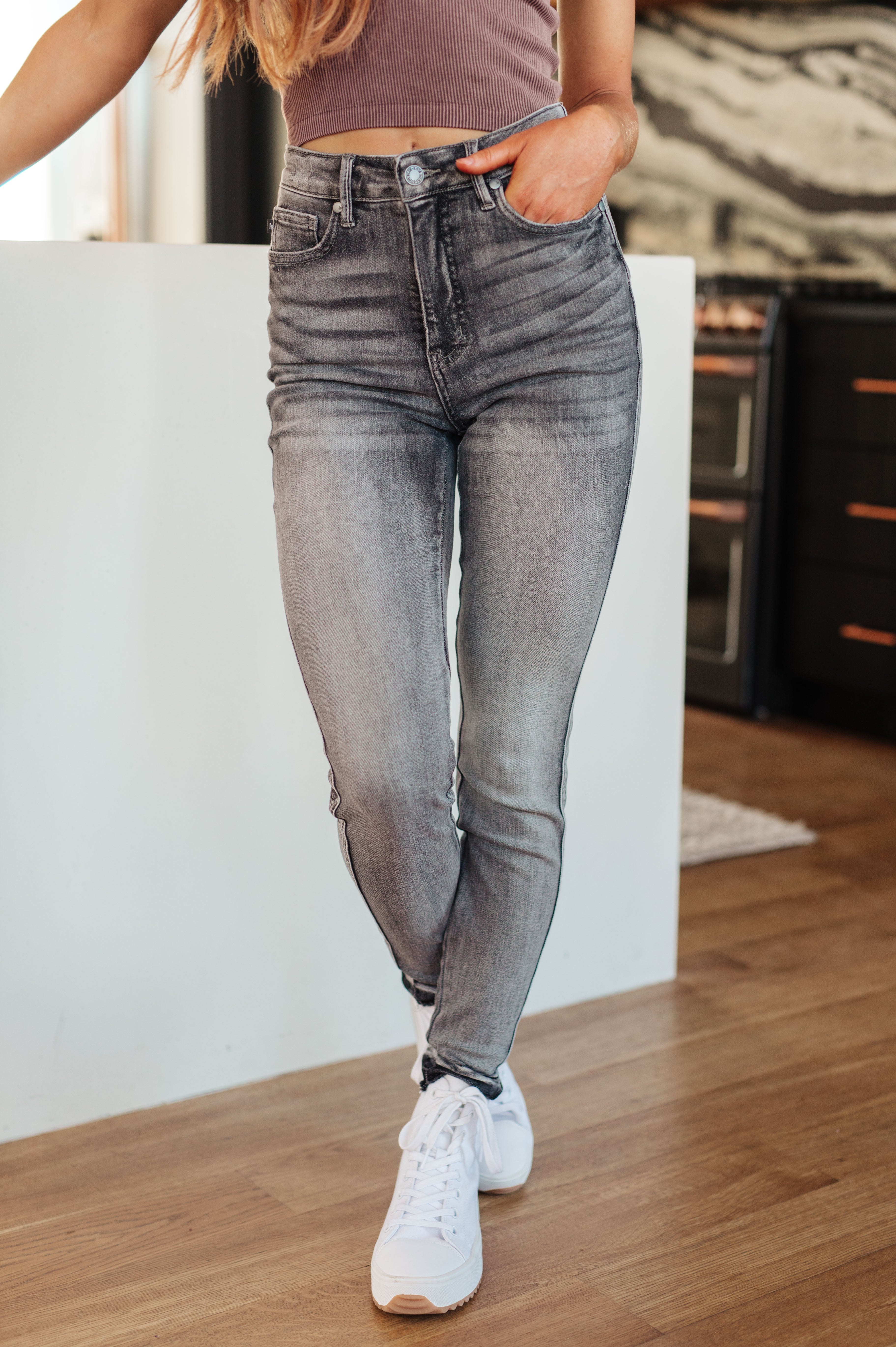 Hadley High Rise Skinny Jeans with Control Top and Release Hem.