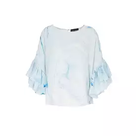 Hand Marbled Silk Ruffled Flounce Top - Blue & White