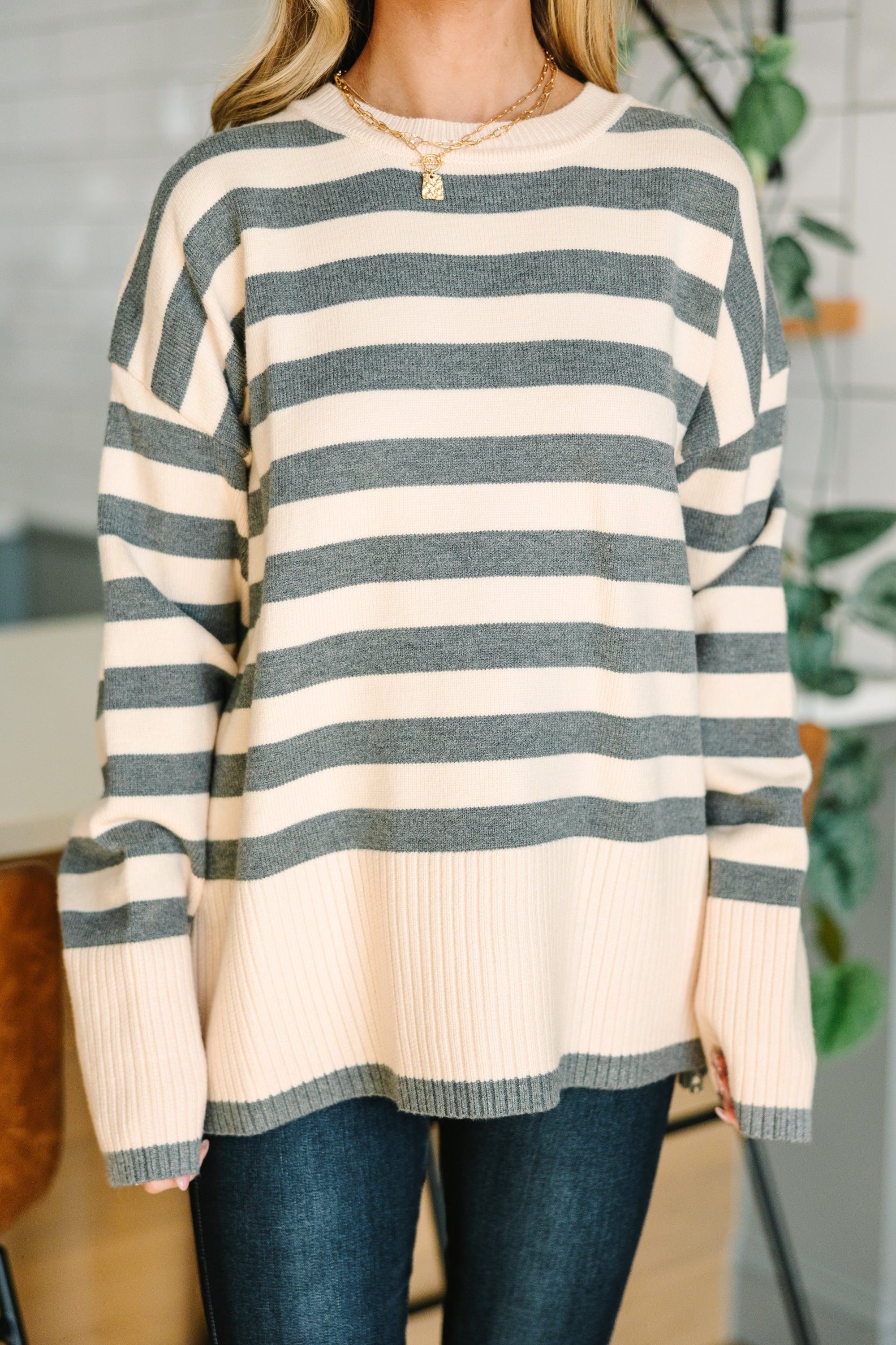 Heather Grey Striped Sweater