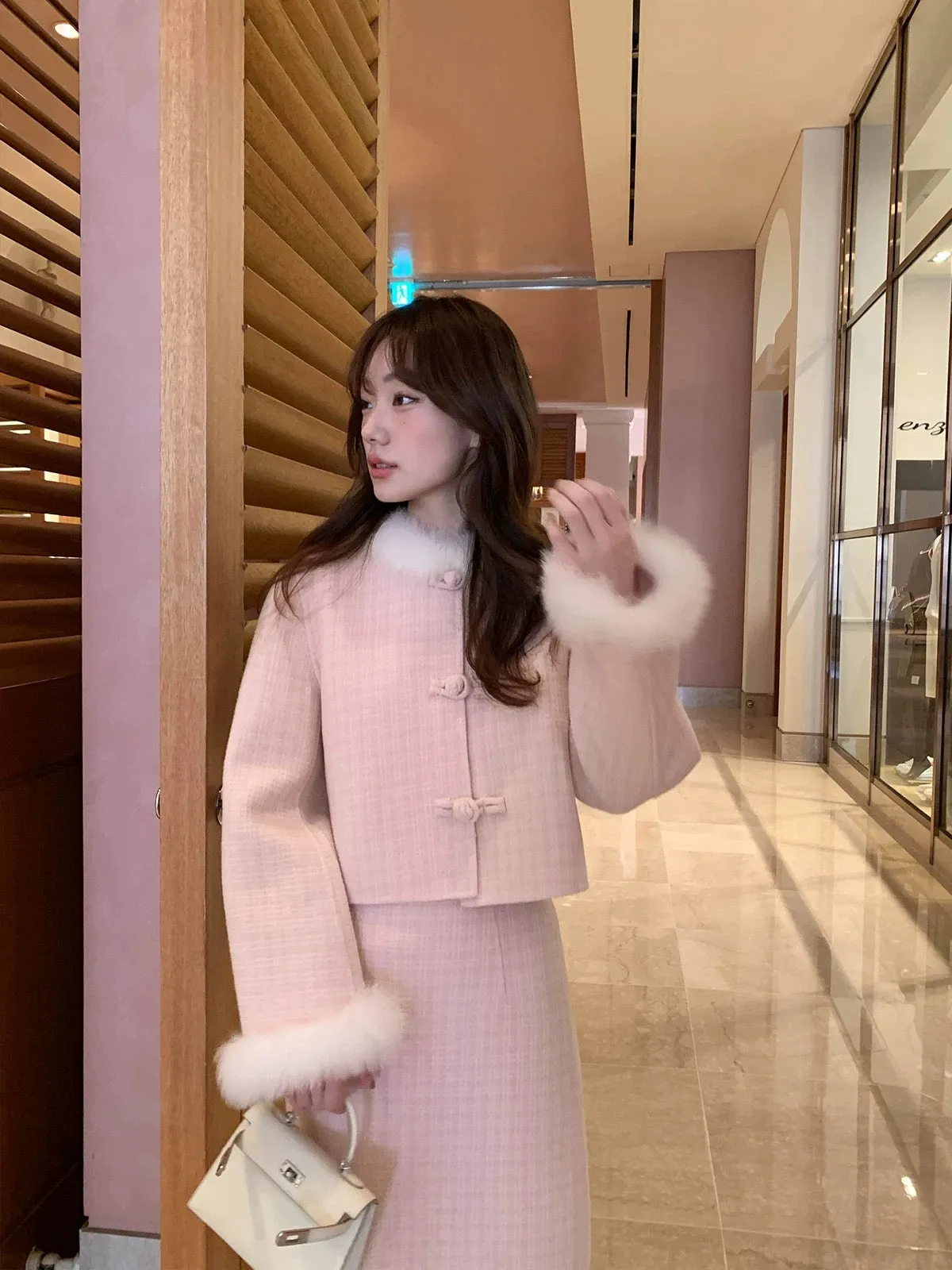 Hello Canon Fur Collar Double-Sided Woolen Coat and Skirt Suit for Women