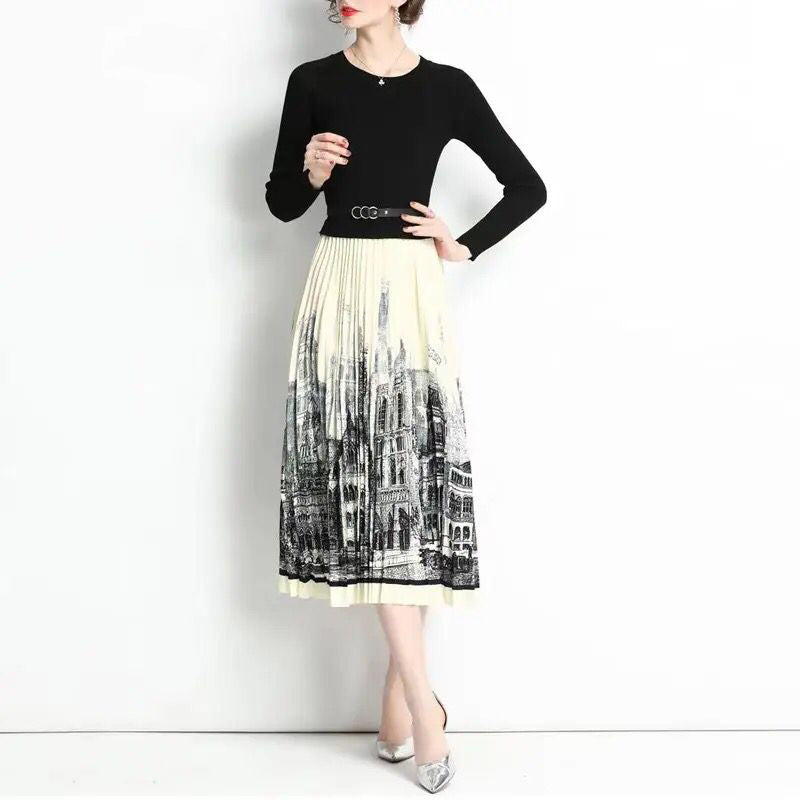 High autumn dress woman clothing, elegant knit top, stitched print, pleated contrast midi long vintage party dresses S46863