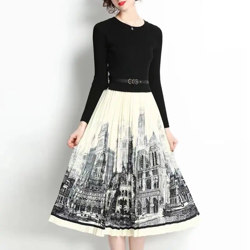 High autumn dress woman clothing, elegant knit top, stitched print, pleated contrast midi long vintage party dresses S46863