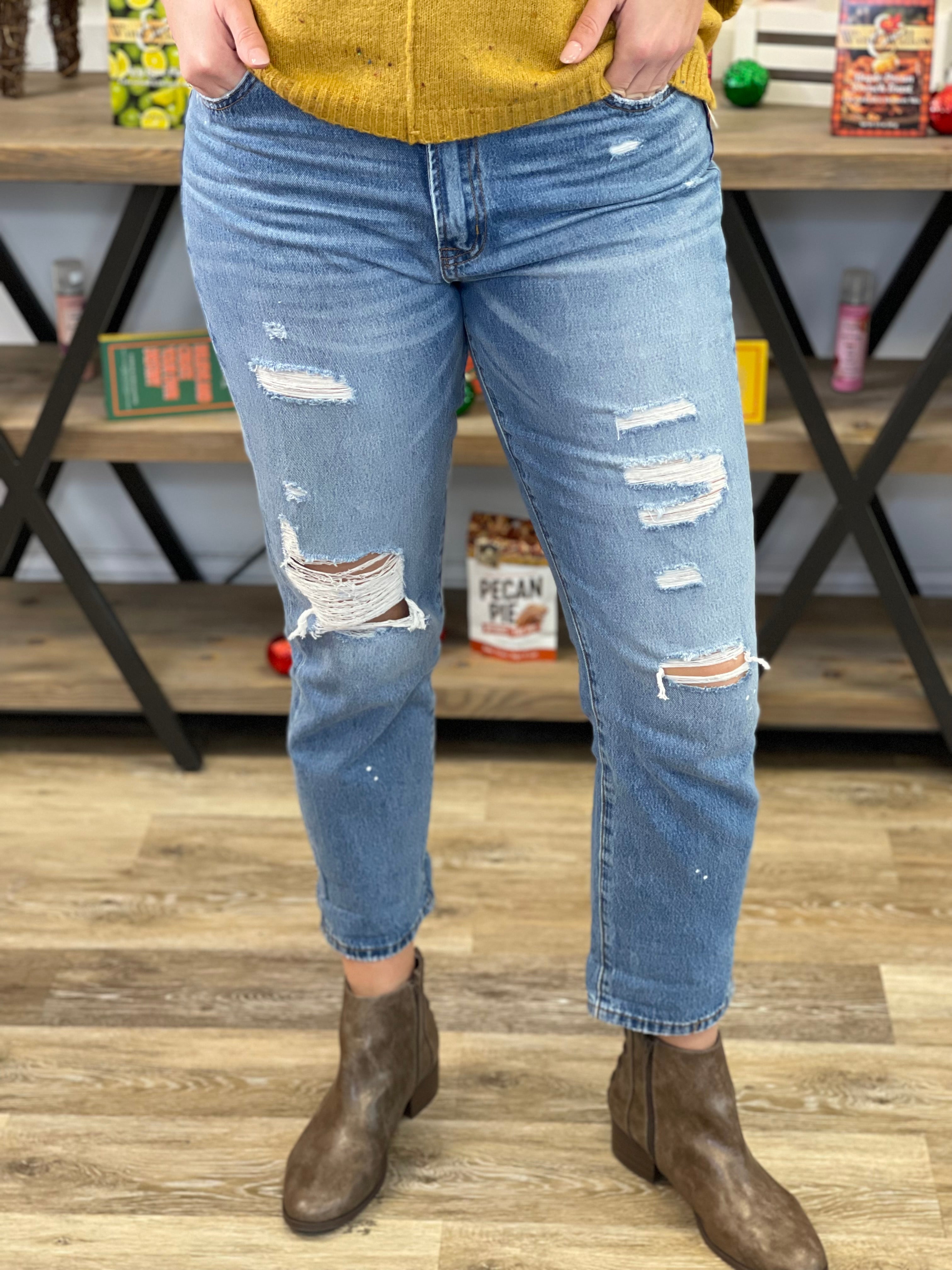 High Rise Distressed Paint Splatter Boyfriend Jean - Vervet | Shop Now