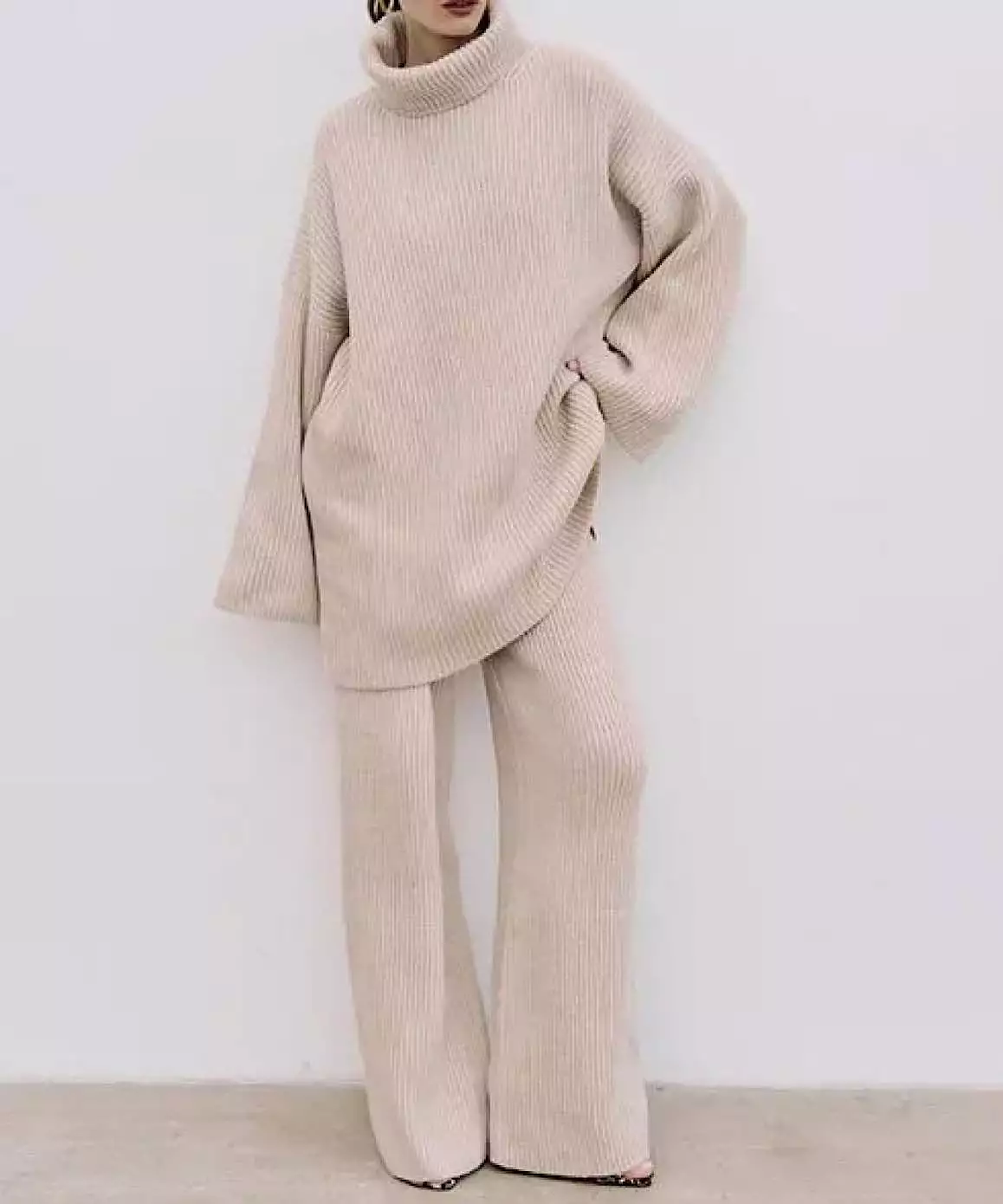 High Waisted Wide Leg Pants and Loose Turtleneck Sweater Coord Set