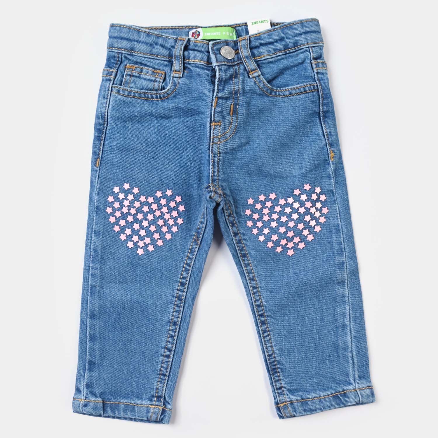 Infant Girls Denim Pant, Ice Blue, Stars and Hearts Design, Stretch