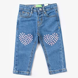 Infant Girls Denim Pant, Ice Blue, Stars and Hearts Design, Stretch