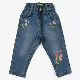 Infant Girls Denim Stretch Pant Butterfly Flower-Light Blue